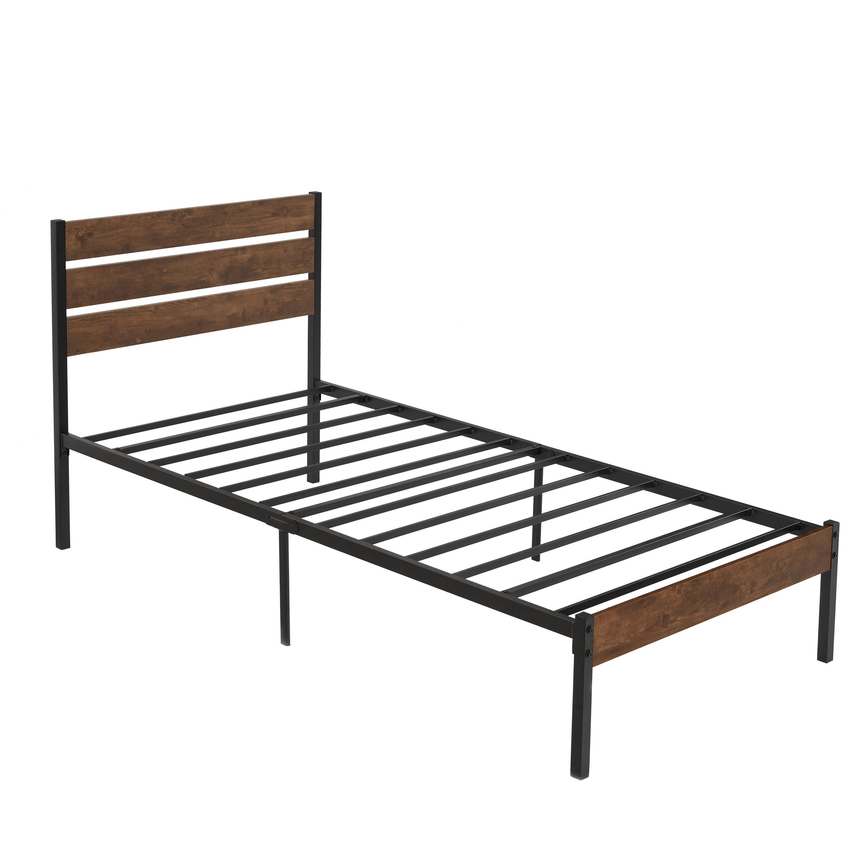 Twin Size Bed Frame with Wood Headboard, Metal Frame with Strong Slats, Noise Free,No Box Spring Needed-Brown