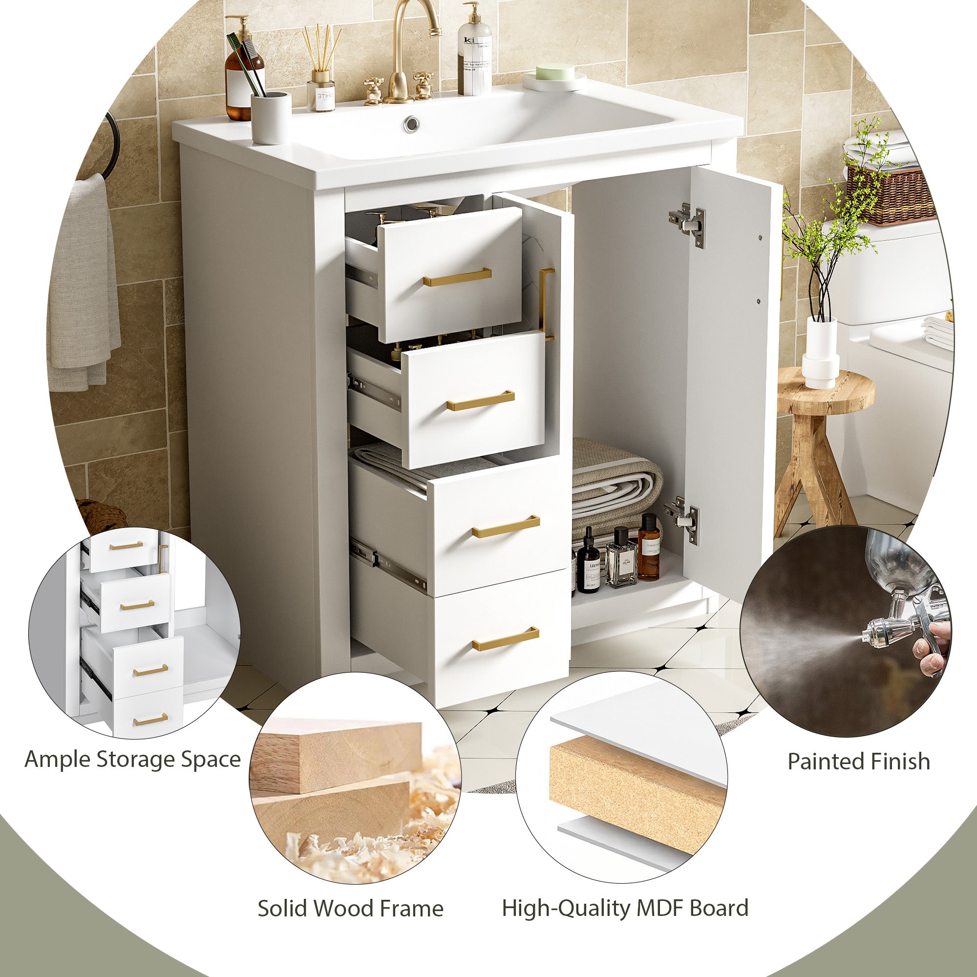 30-inch solid wood bathroom vanity with ceramic sink, styled in bathroom setting