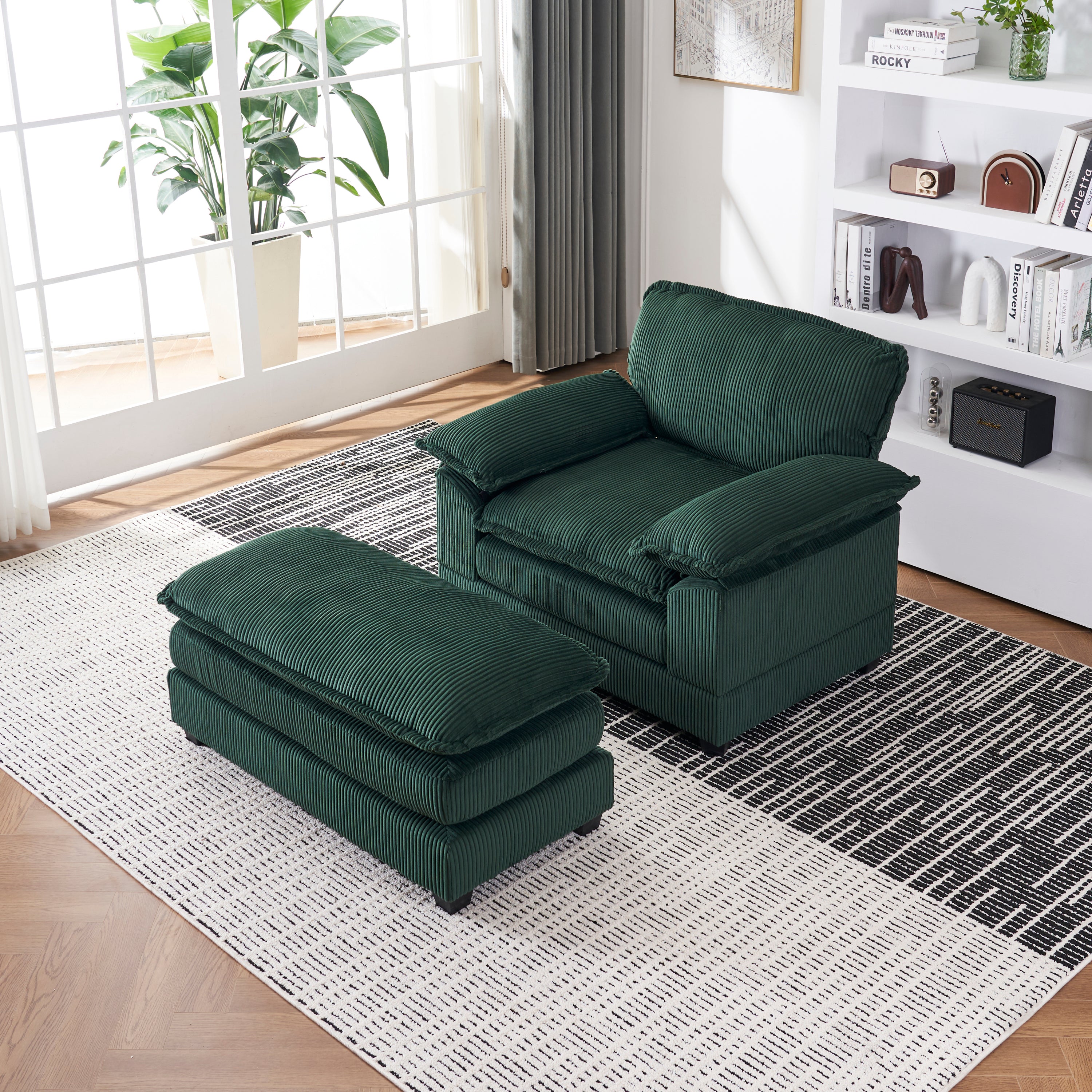 56.3 Inch Corduroy single sofa With  2 toss pillows and a ottoman ,Comfy Sofa- Deep Seat Couch for Living Room