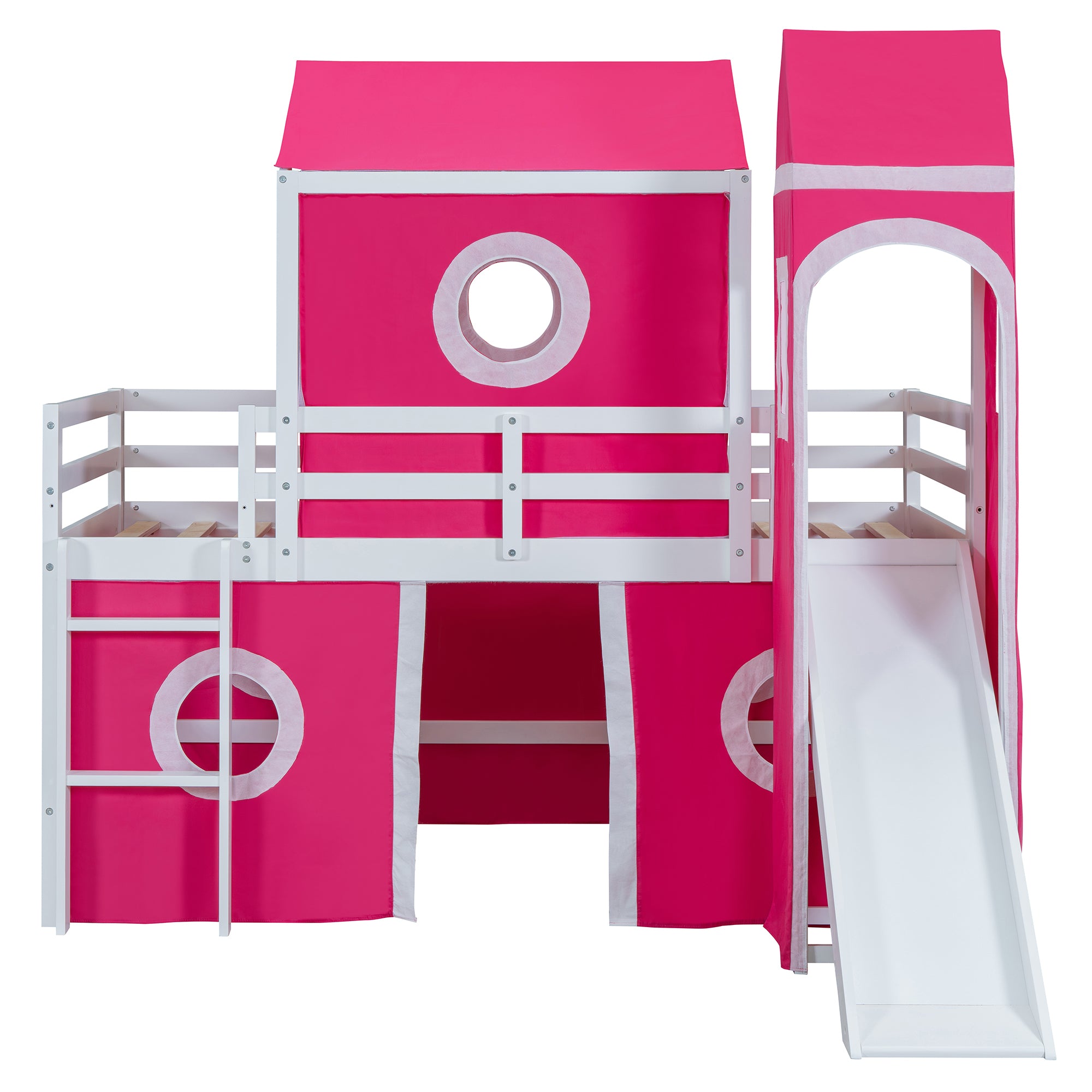 Twin Size Loft  Bed with Slide Pink Tent and Tower - Pink (OLD SKU:WF298769AAH)