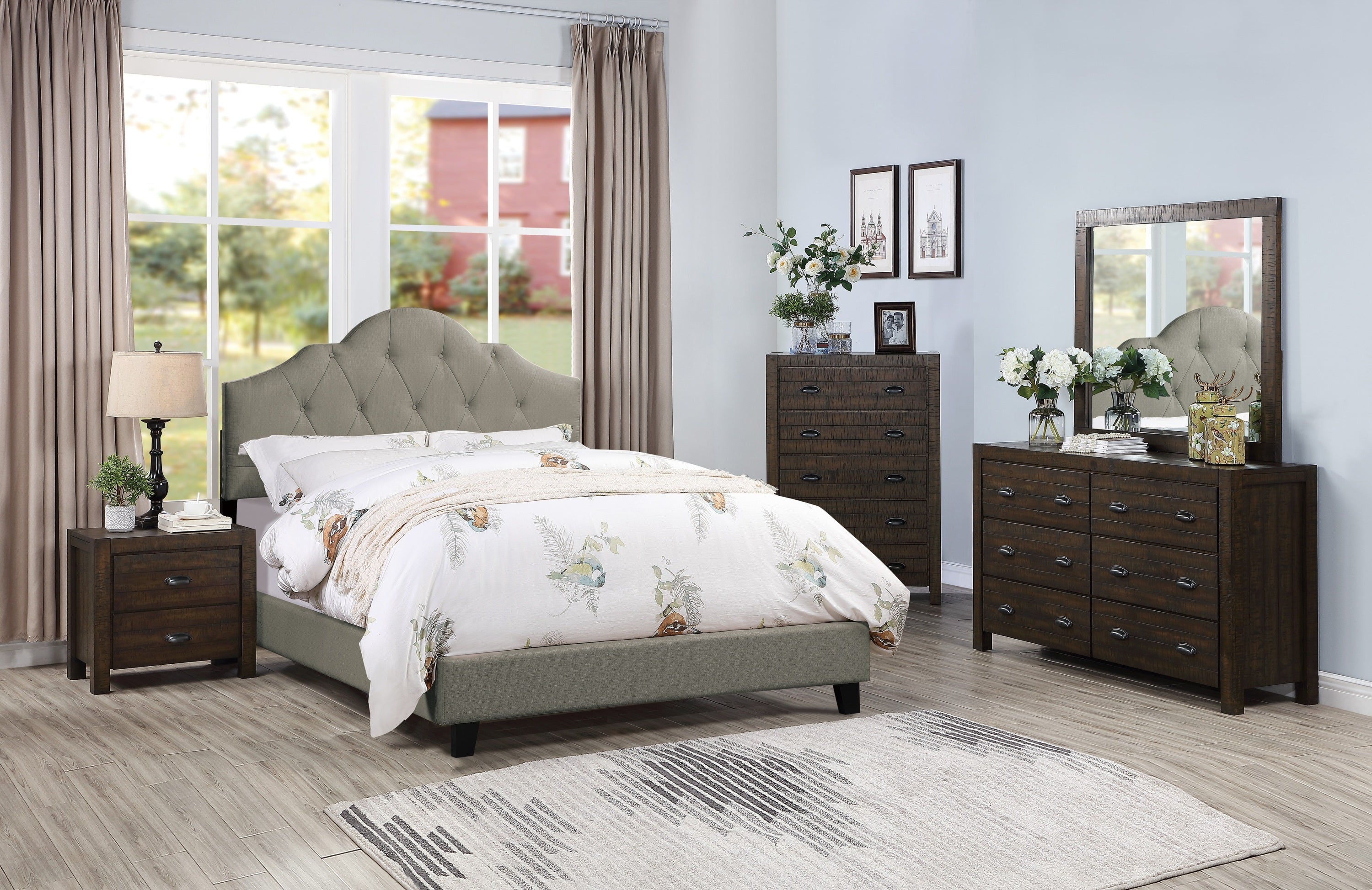 Majestic Arch 1pc Queen Size Bed Adjustable HB Grey Polyfiber Tufted Upholstered Wooden Bedframe Bedroom Furniture