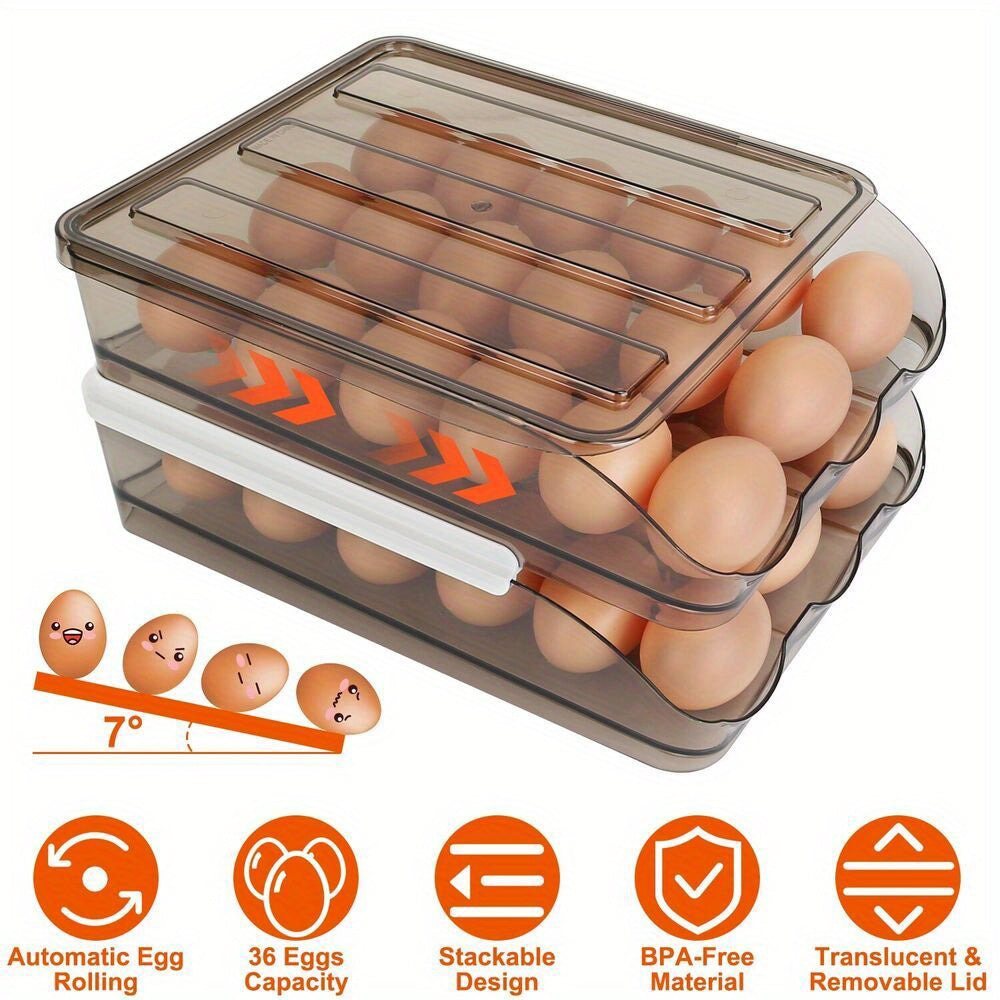 2-Tier Automatic Rolling Egg Rack Refrigerator Storage Container Drawer with Lid