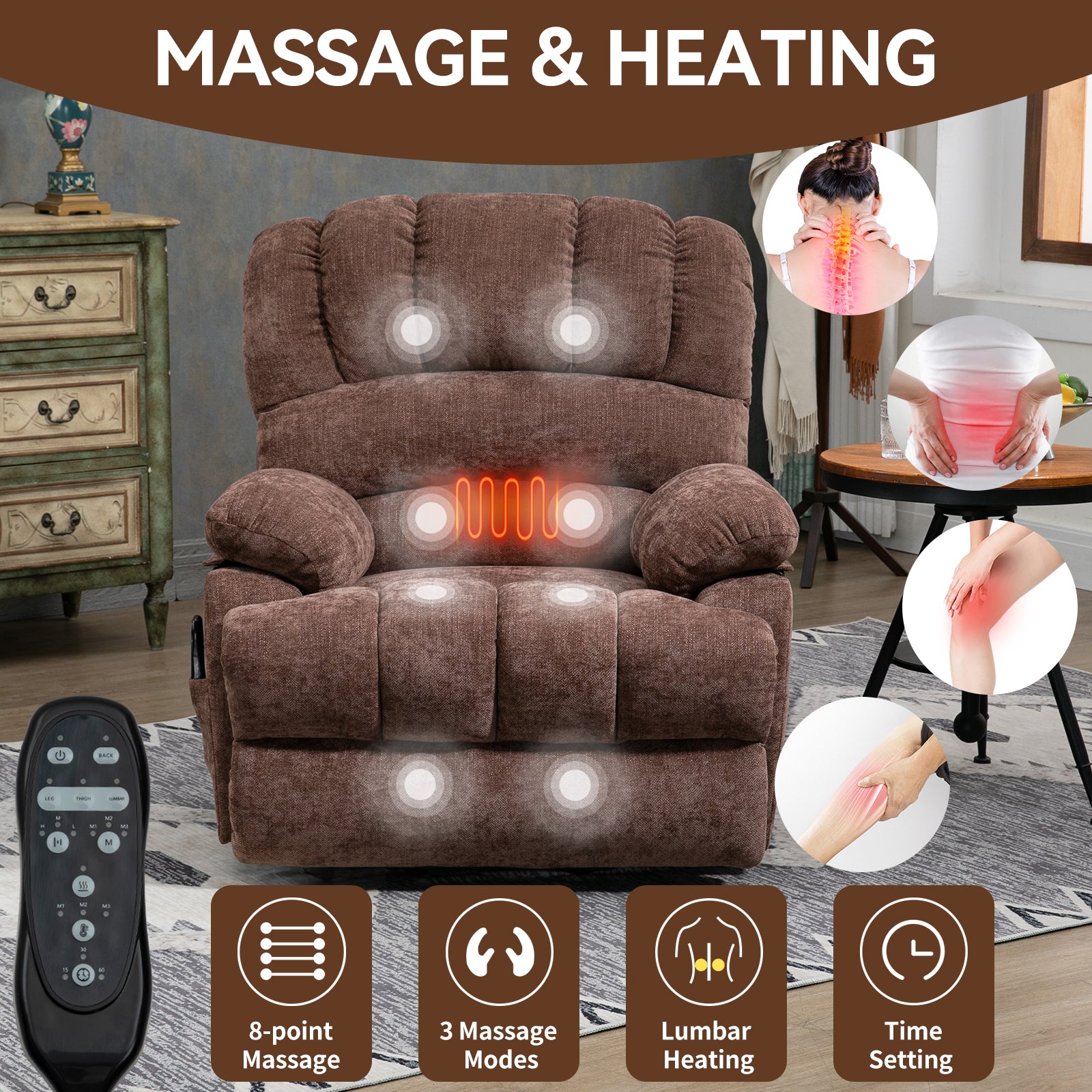 23" Seat Width and High Back Large Size Chenille Power Lift Recliner Chair with 8-Point Vibration Massage and Lumbar Heating, Brown