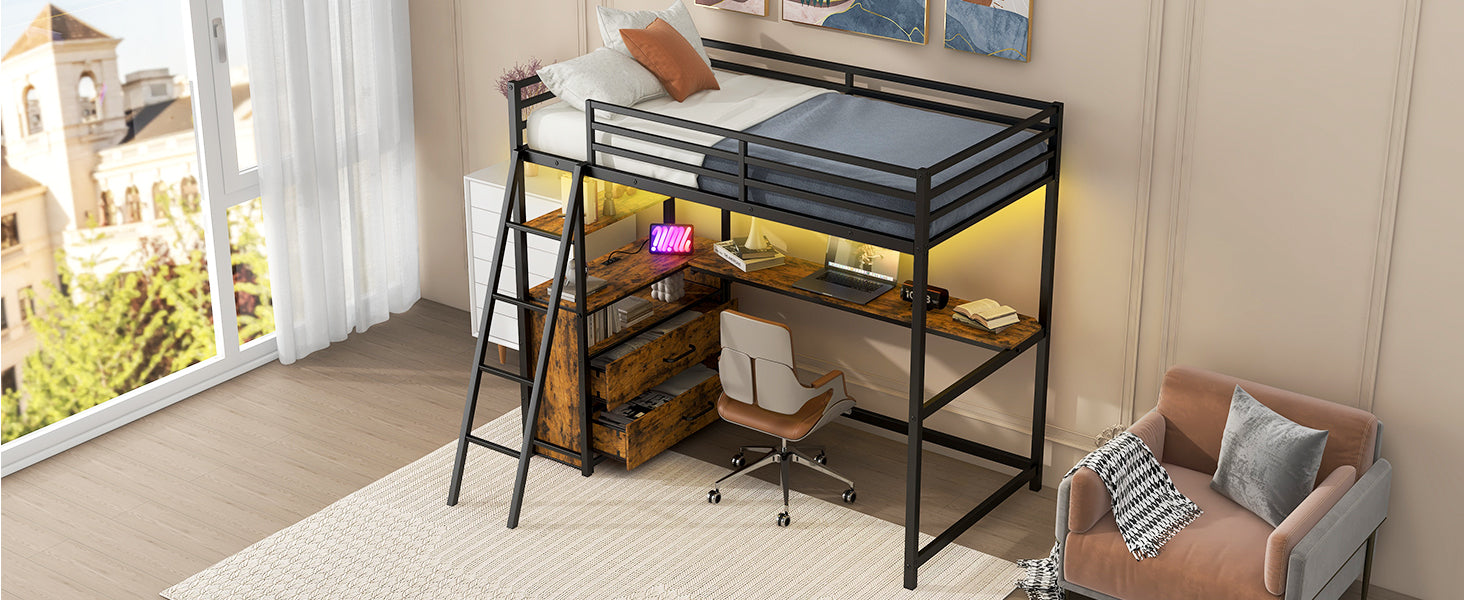 Twin Size Metal&Wood Loft Bed with Desk and Shelves, Two Built-in Drawers, LED Light and USB Charging Station, Black