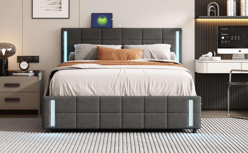 Queen Size Upholstered Platform Bed with LED Lights and USB Charging, Storage Bed with 4 Drawers, Gray(Linen)