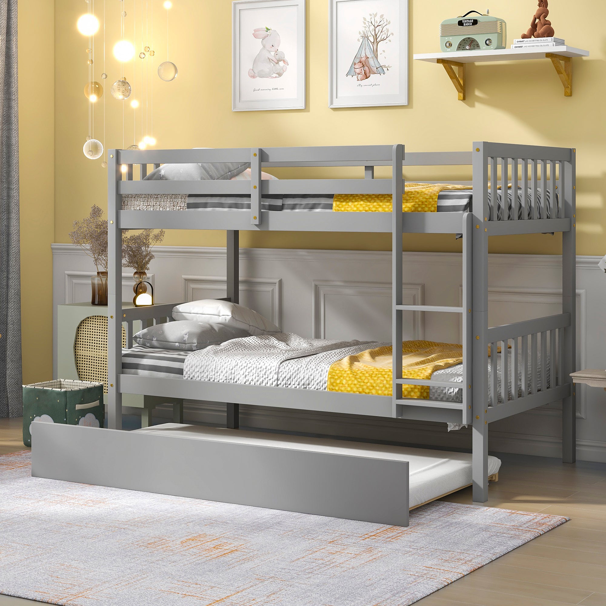 Twin Over Twin Bunk Beds with Trundle, Solid Wood Trundle Bed Frame with Safety Rail and Ladder, Kids/Teens Bedroom, Guest Room Furniture, Can Be converted into 2 Beds,Grey