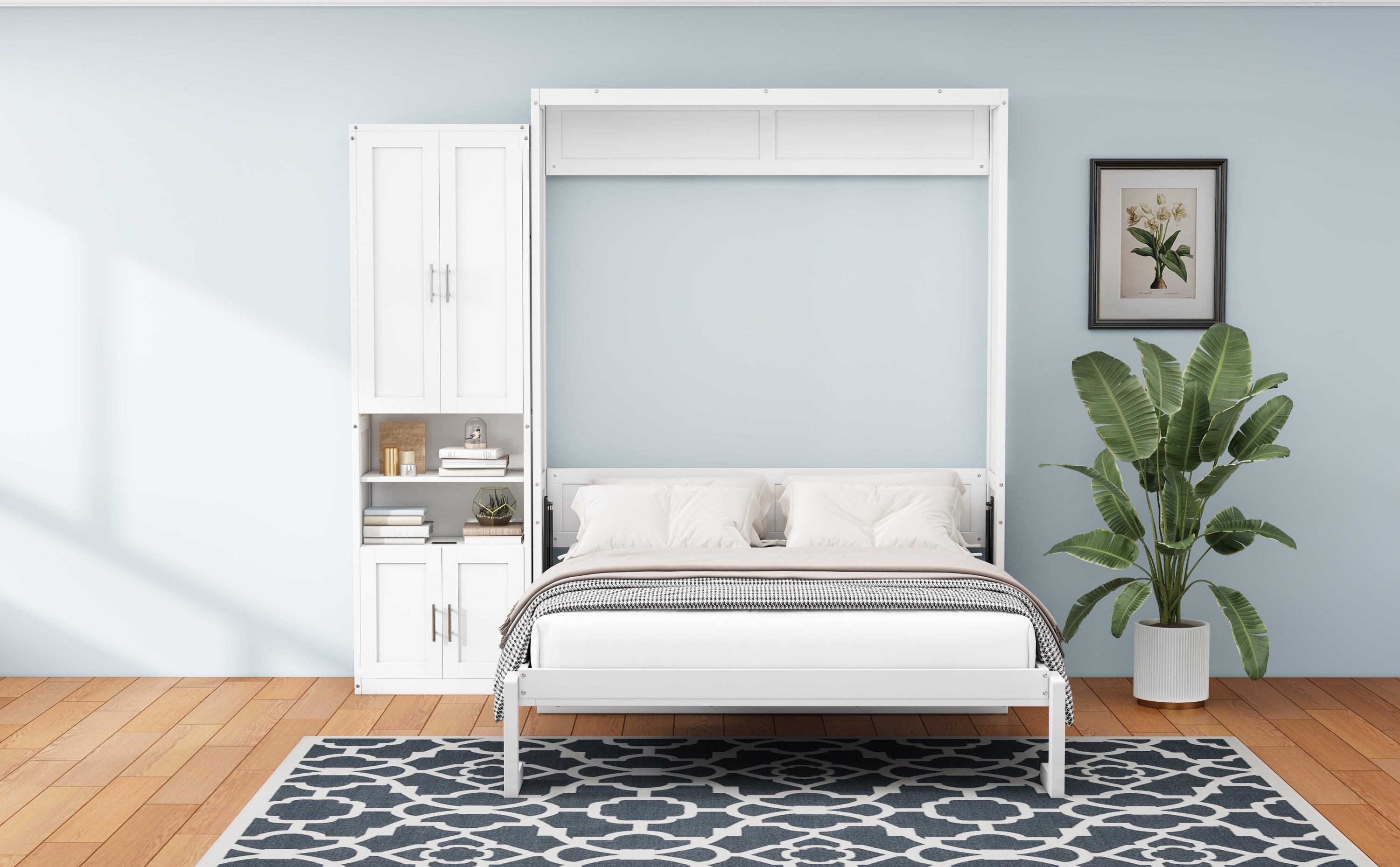 Full Size Murphy Bed with 1 Side Cabinet Storage Shelf, 61.5-inch Cabinet Bed Folding Wall Bed with Desk Combo Perfect for Guest Room,Study, Office,White(old sku:BS300194AAC)