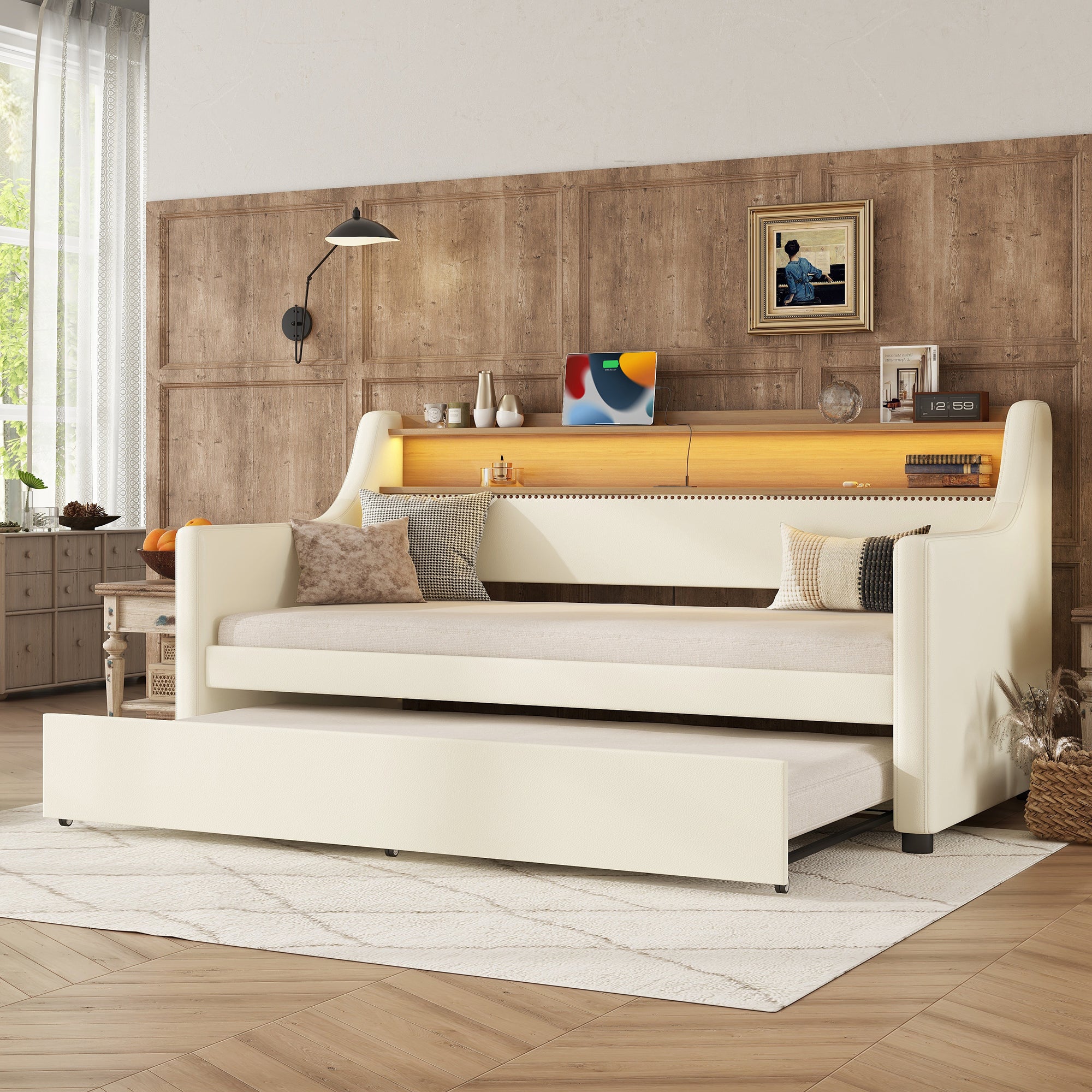 Twin Size Daybed with Trundle, Upholstered Daybed with Charging Station and LED Lights, White (Expect arrive date:May 20th. )