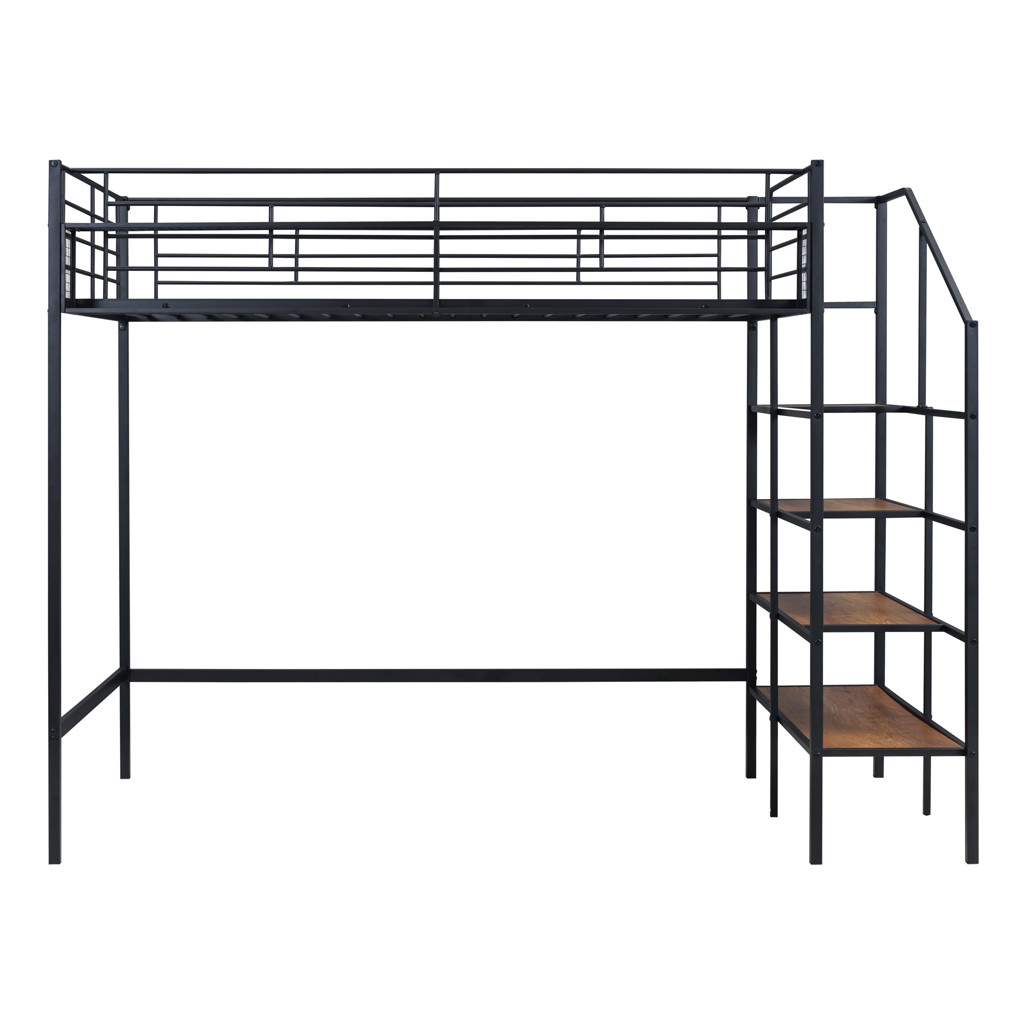 Twin Size Metal Loft Bed with Upper Grid Storage Shelf and Lateral Storage Ladder, Black