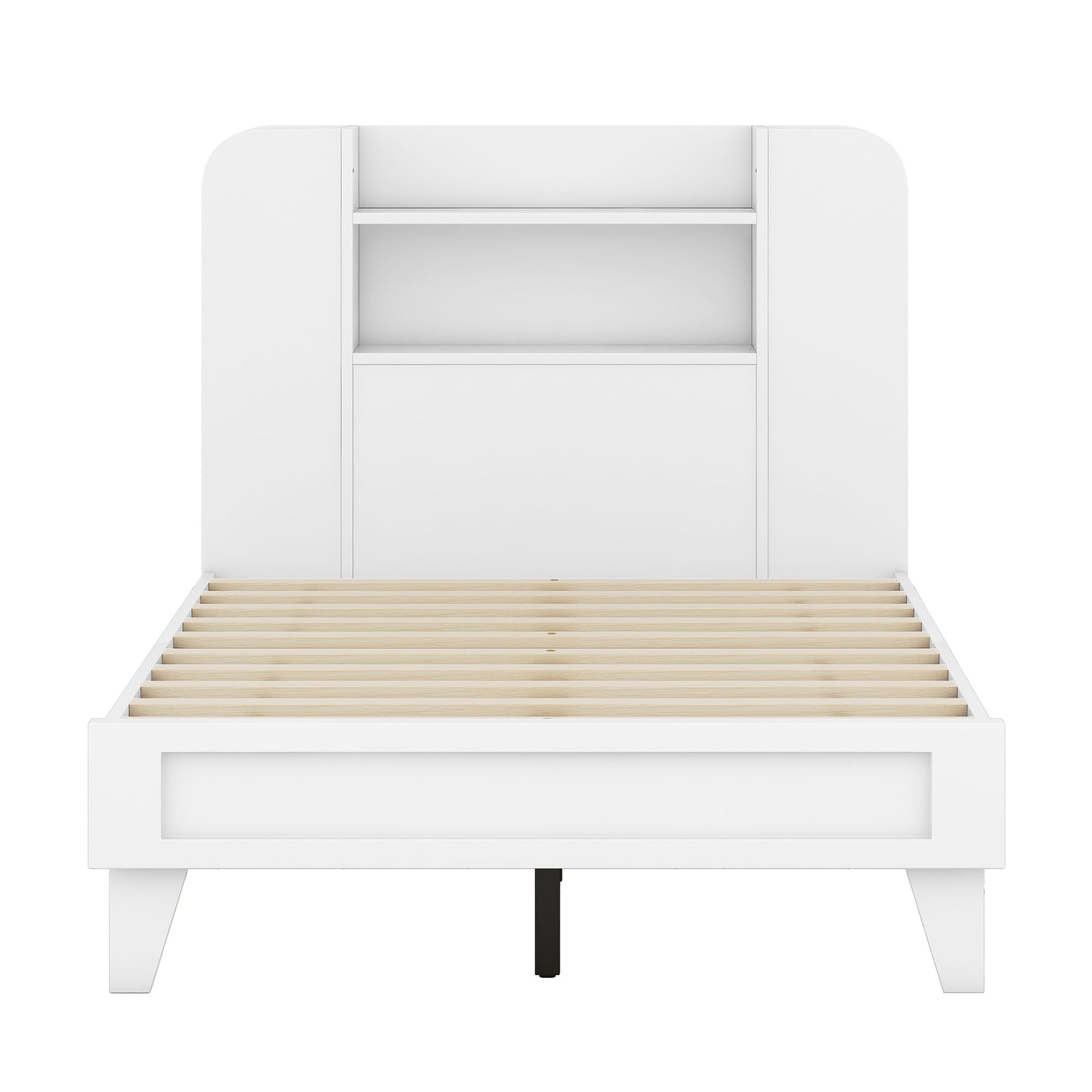 Twin Size Platform Bed with Storage Headboard,Multiple Storage Shelves on Both Sides,White