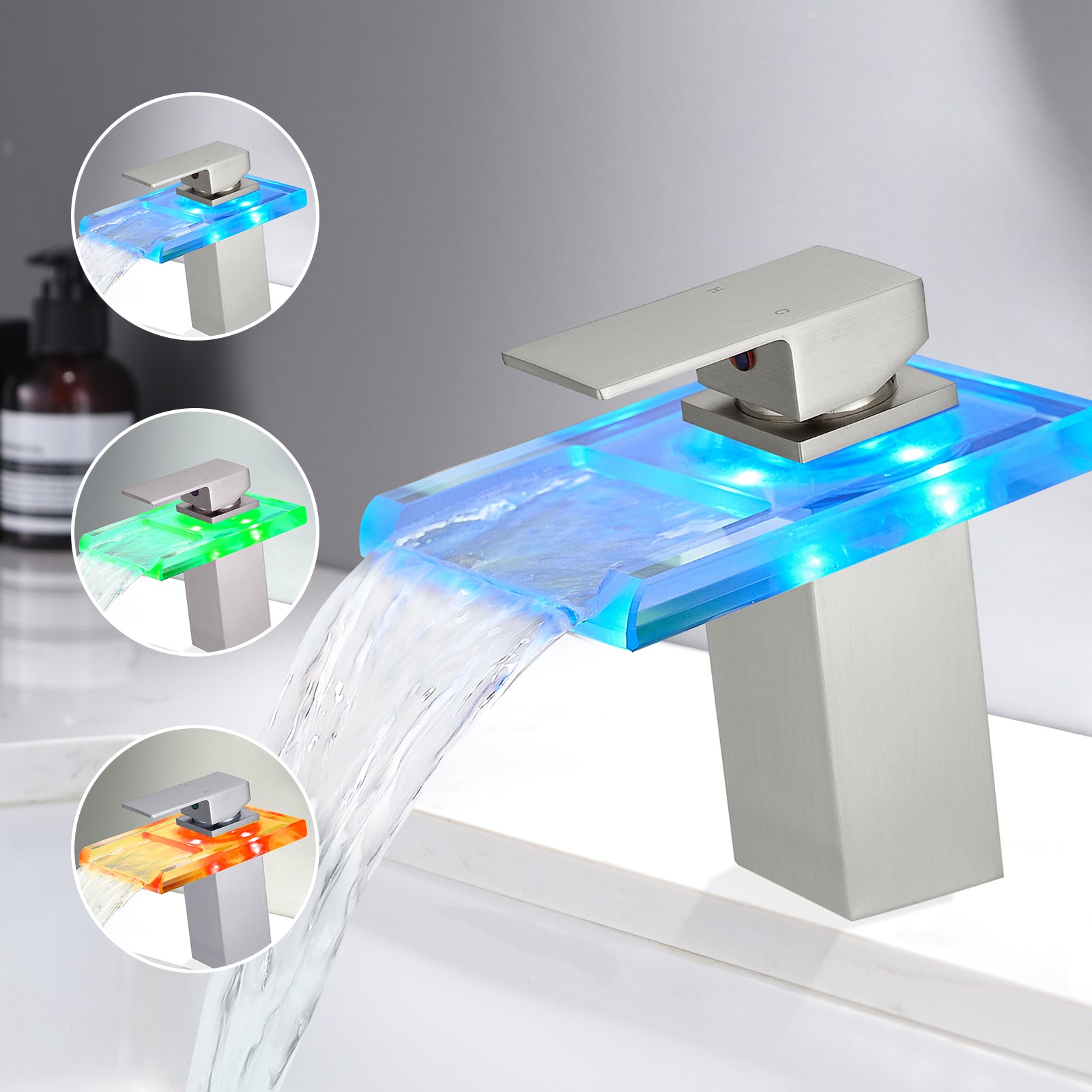 Bathroom Sink Faucet LED Light 3 Colors Changing Waterfall Glass Spout Hot Cold Water Mixer Single Handle One Hole Deck Mounted Bathroom Faucet Black Lavatory Vanity Basin Bath Plumbing Fixtures