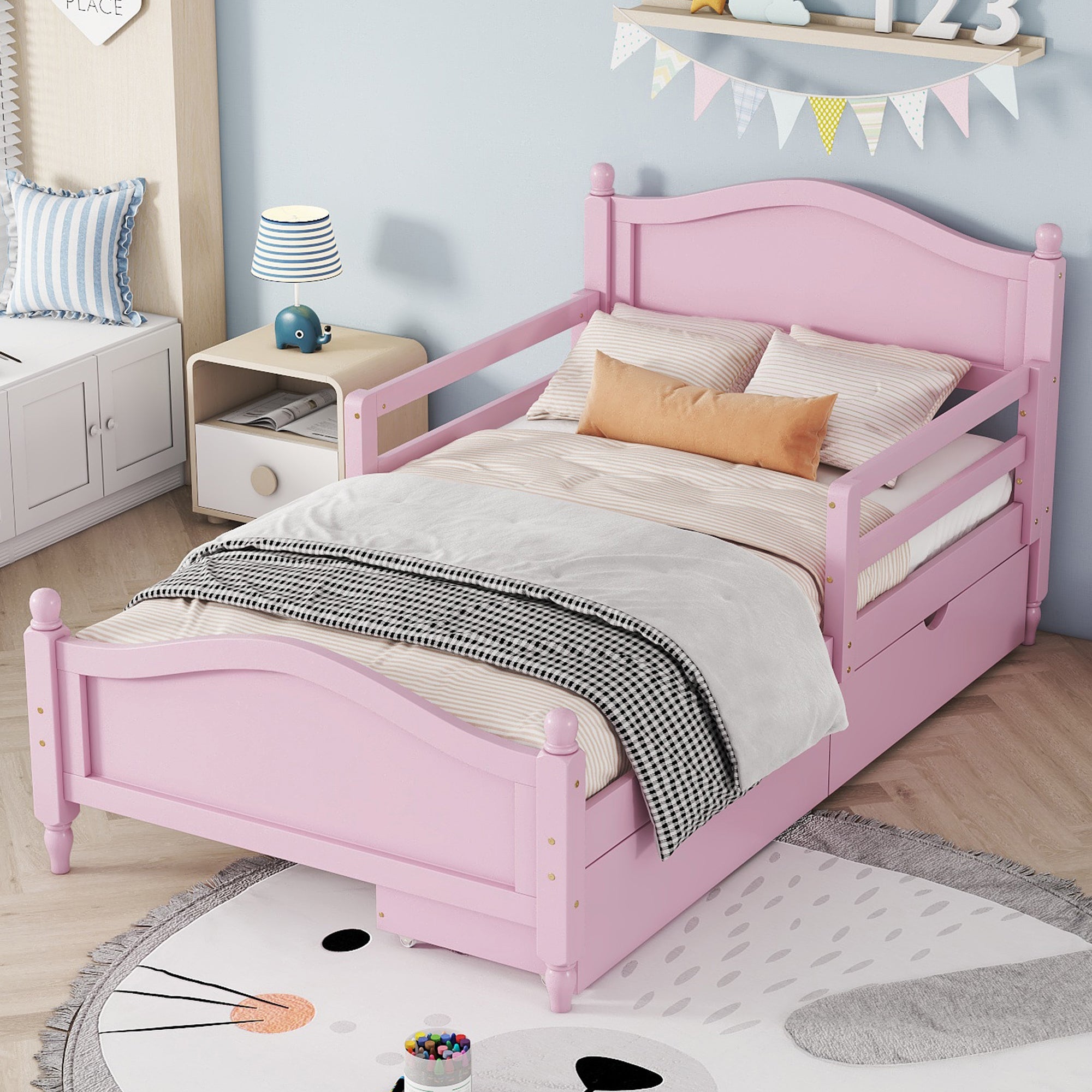 Twin Size Wood Platform Bed with Guardrails on Both Sides and Two Storage Drawers ,Pink