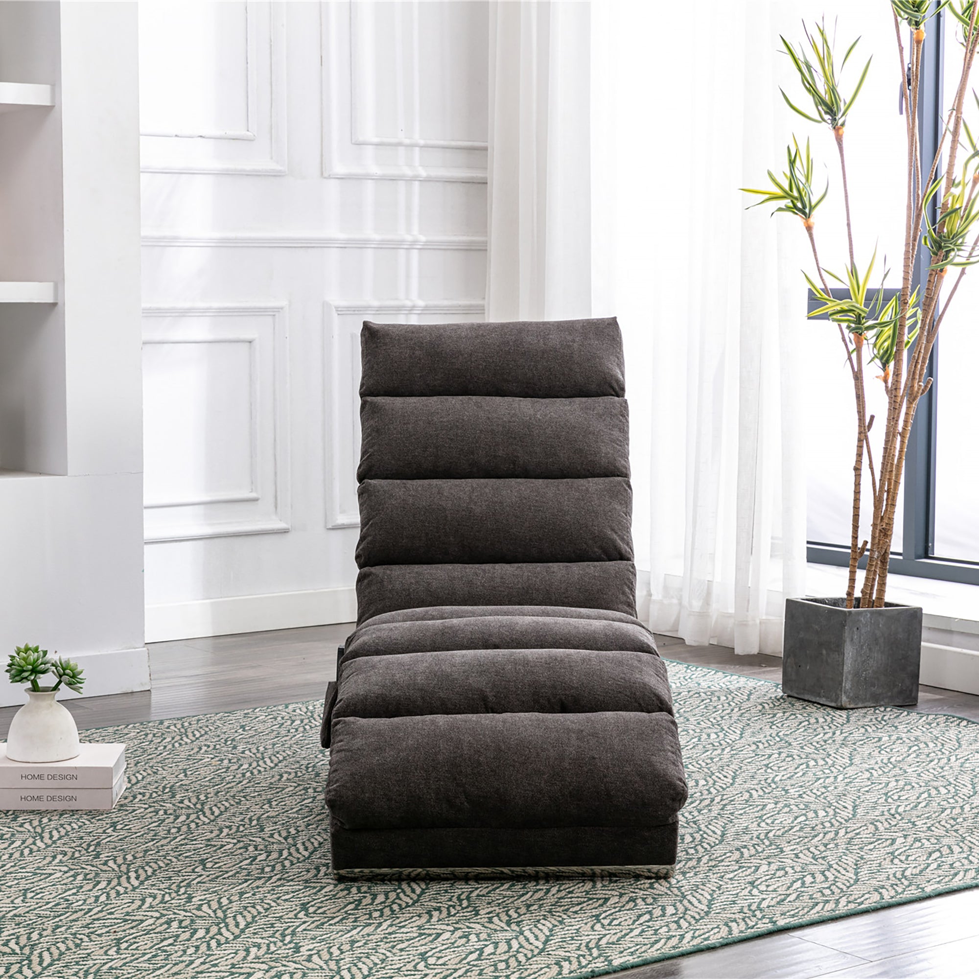 Modern fabric chaise lounge recliner in living room, detail view
