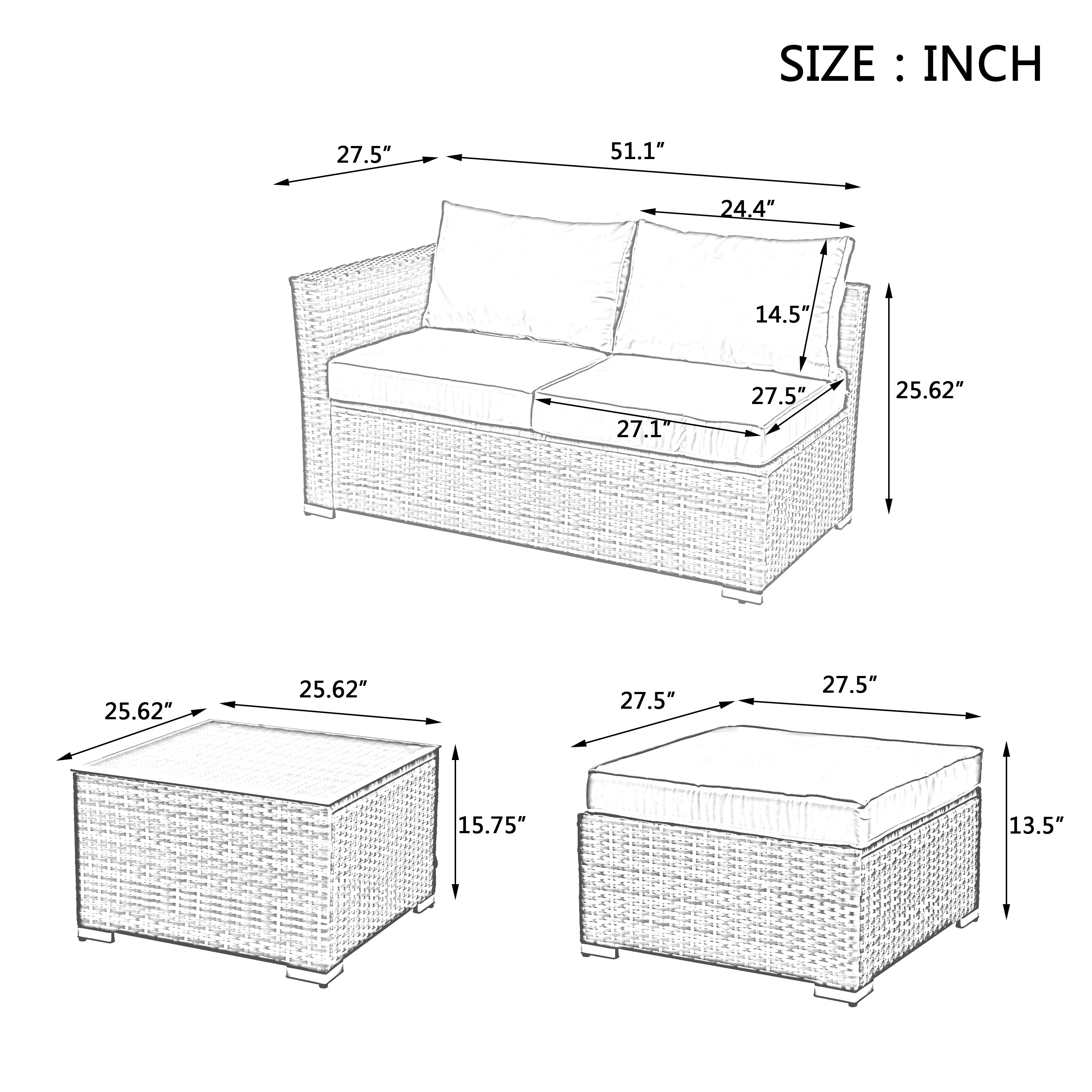 Patio Furniture, Outdoor Furniture, Seasonal PE Wicker Furniture, 4 Set Wicker Furniture With Tempered Glass Coffee Table,