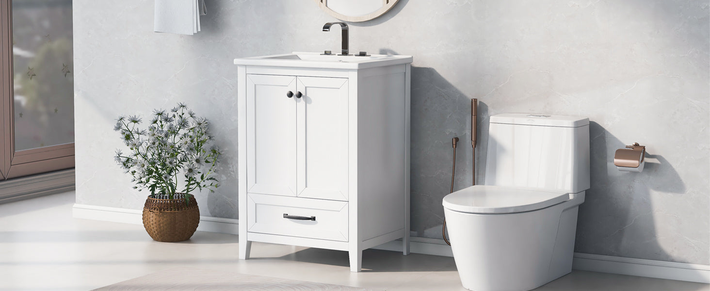 24" Bathroom Vanity with Sink, Bathroom Vanity Cabinet with One Drawer and Doors, Solid Wood and MDF, White