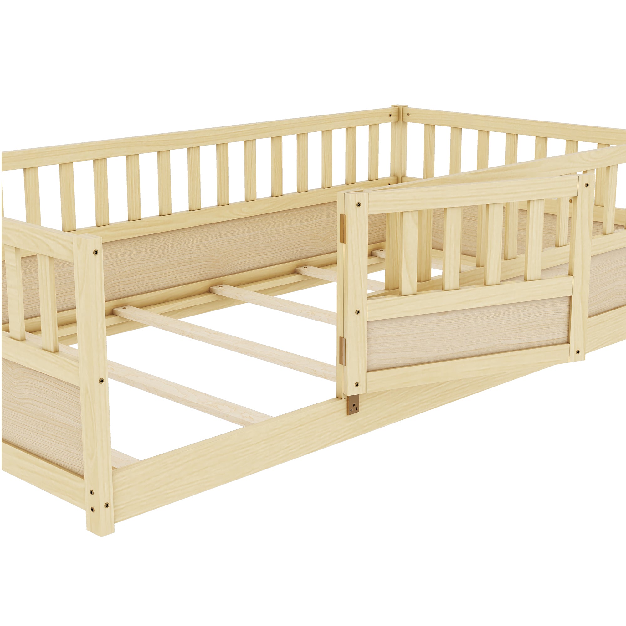 Twin Size Floor bed, integral construction with super high security barrier, door, children's floor bed frame, Montessori wooden children's floor bed, Support  slat Natural Wood