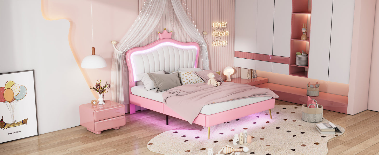 Full Size Upholstered Bed Frame with LED Lights,Modern Upholstered Princess Bed With Crown Headboard,White+Pink