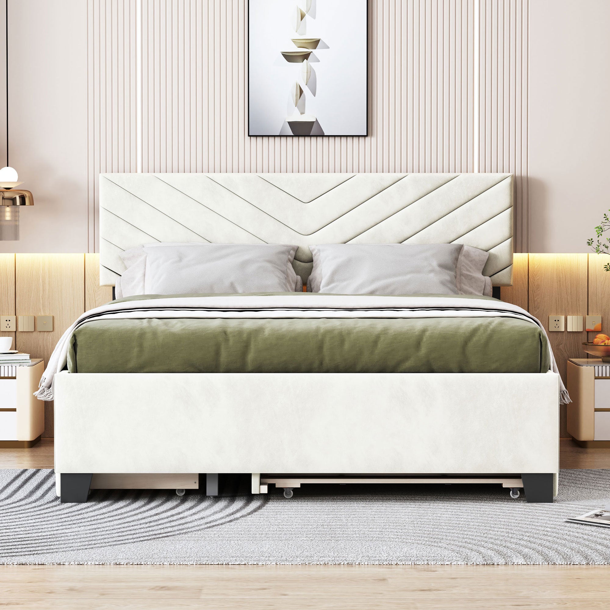 Queen Size Upholstered Platform Bed with Twill Headboard, Pullout Bed and Two Drawers, Flannel, Beige