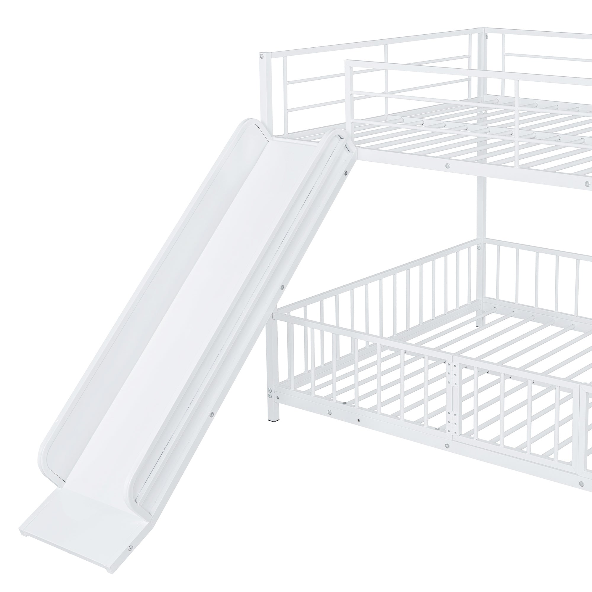 Full over Full Size Metal Bunk Bed with Slide and Guardrails, White