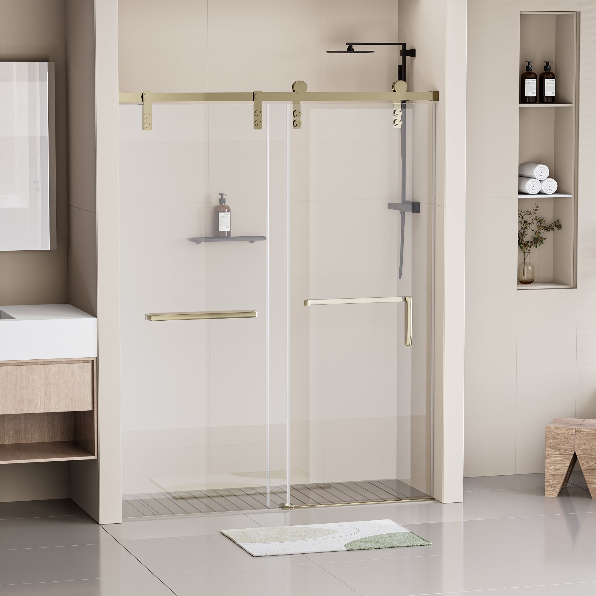 60" W x 76" H Frameless Soft-closing Shower Door, Single Sliding 5/16" (8mm) Clear Tempered Glass Shower Door with Explosion-Proof Film, Stainless Steel Hardware, Gold 24D211-60G-COMBO