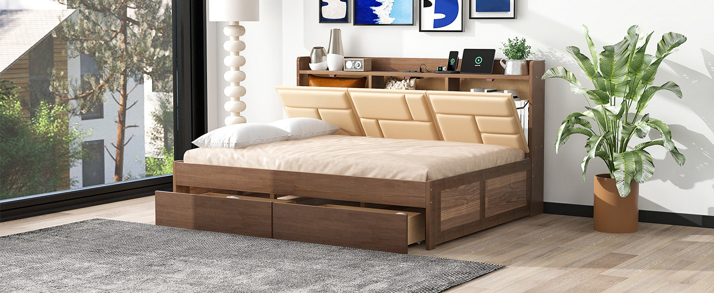 Full Size Wood Daybed with Upholstered Storage Shelves, USB Ports and 2 Drawers, Wood Color