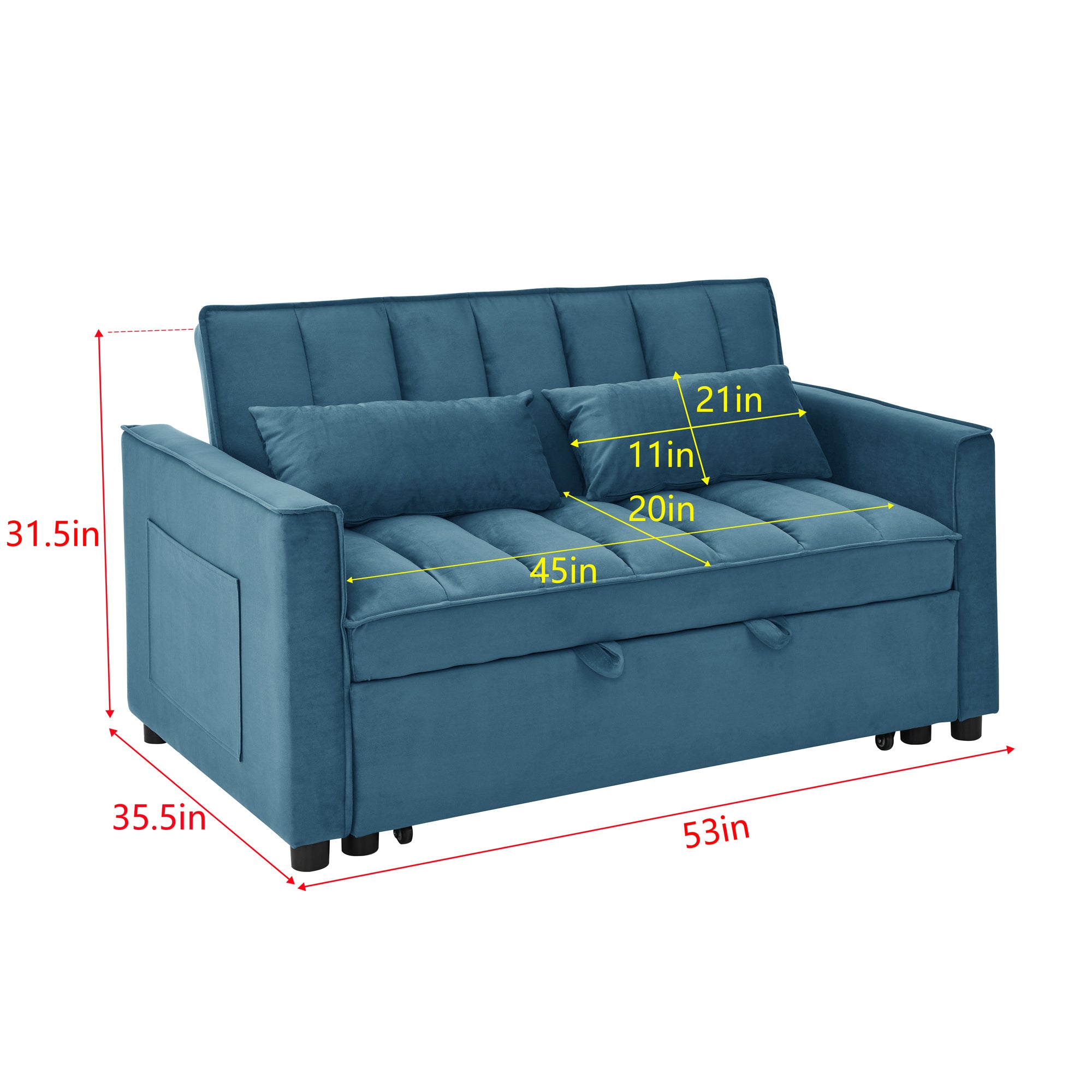 modern velvet loveseat sofa couch  pull out  bed,3 in one convertible for living room sofa bed,blue