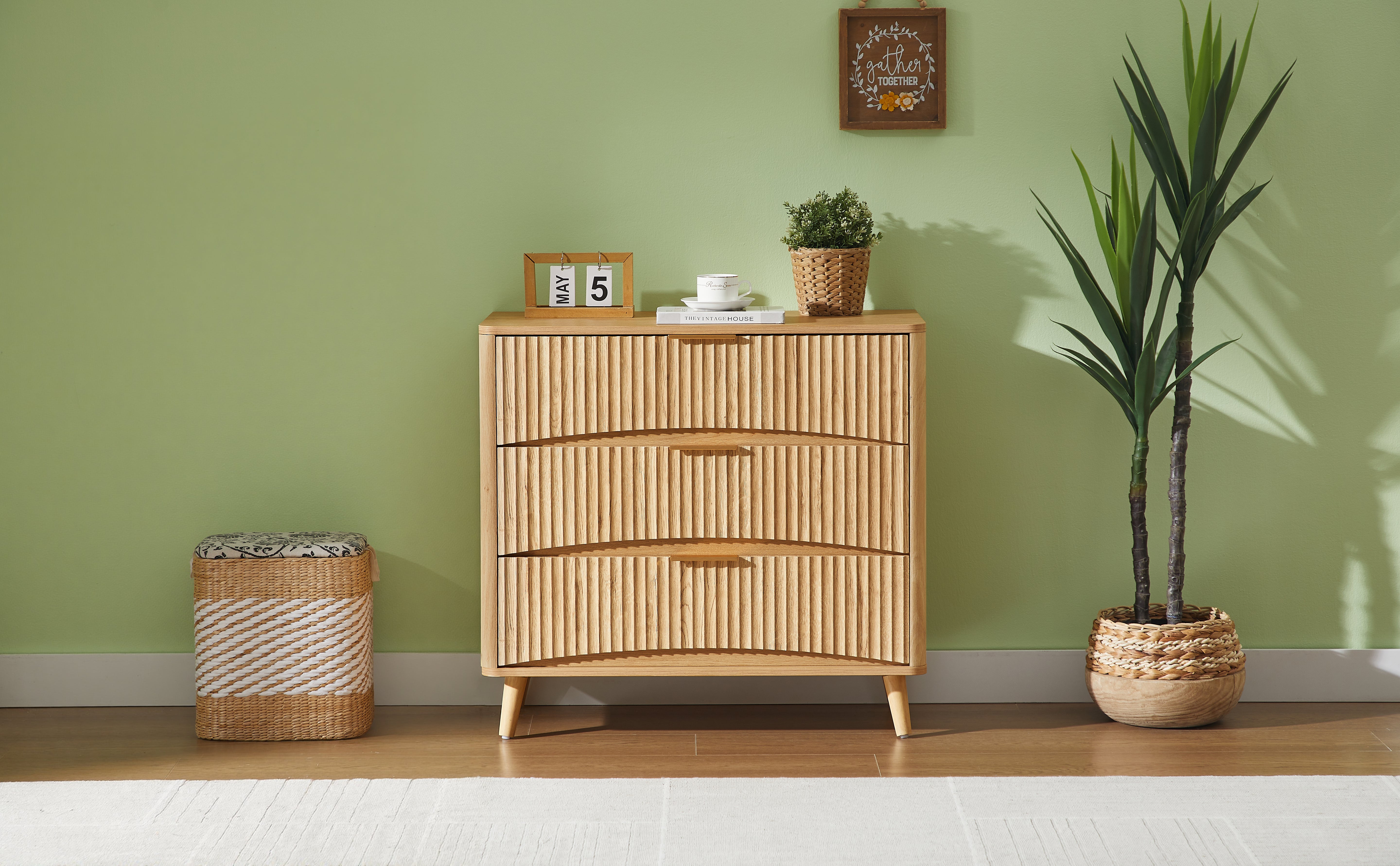 Fluted oak dresser 23.6 inch wide with drawers open