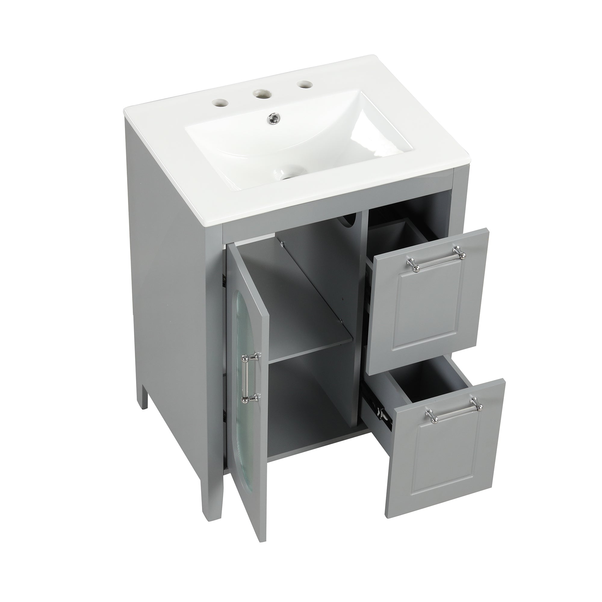 24" Bathroom Vanity with Sink, Bathroom Vanity Cabinet with Two Drawers and Door, Adjustable Shelf, Solid Wood and MDF, Grey