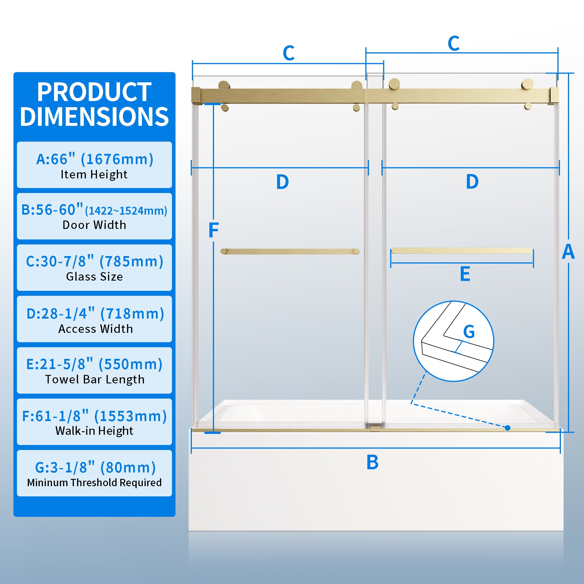 56-60"W × 66"H Double Sliding Frameless Bathtub Door With 3/8 inches (10mm) Clear Tempered Glass, Brushed Gold Finish