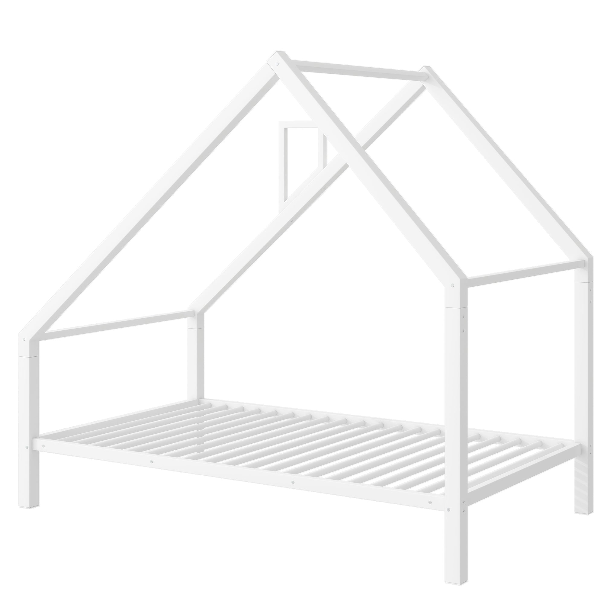 Twin Size Metal House Platform Bed with Roof and Chimney, White