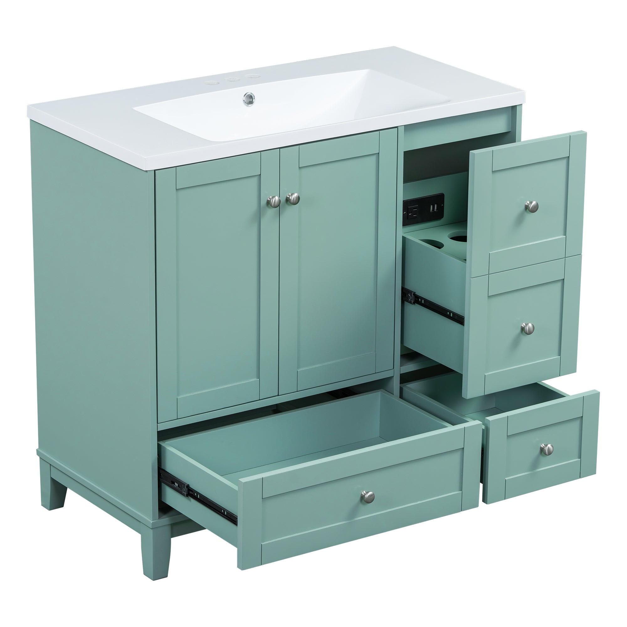 36 Inch Modern Bathroom Vanity with USB Charging, Two Doors and Three Drawers Bathroom Storage Vanity Cabinet, Small Bathroom Vanity cabinet with single sink , Green - Faucets Not Included