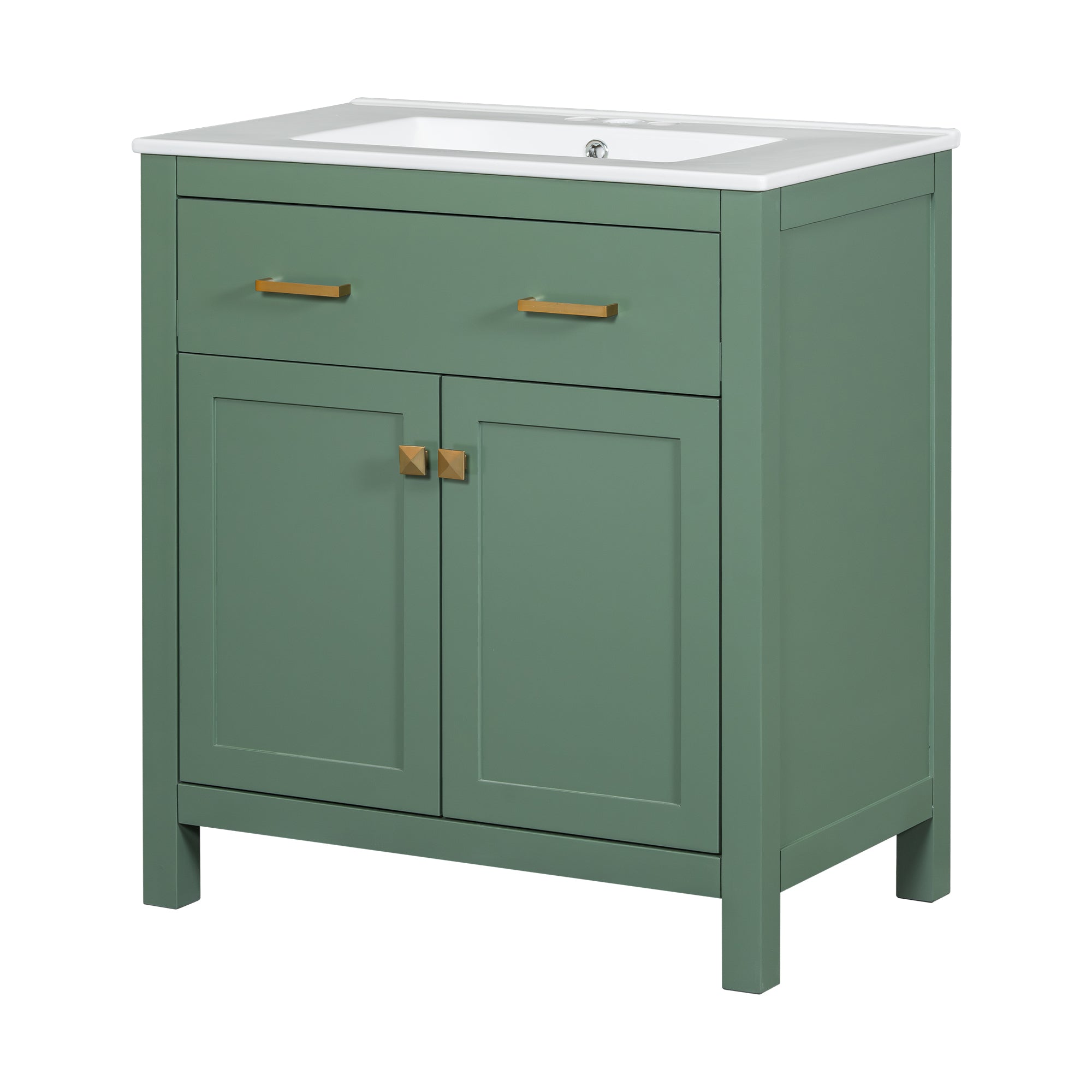 30-inch Bathroom Vanity with Ceramic Sink, Modern Green Single Bathroom Cabinet with 2 Doors and a Shelf, Soft Close Doors