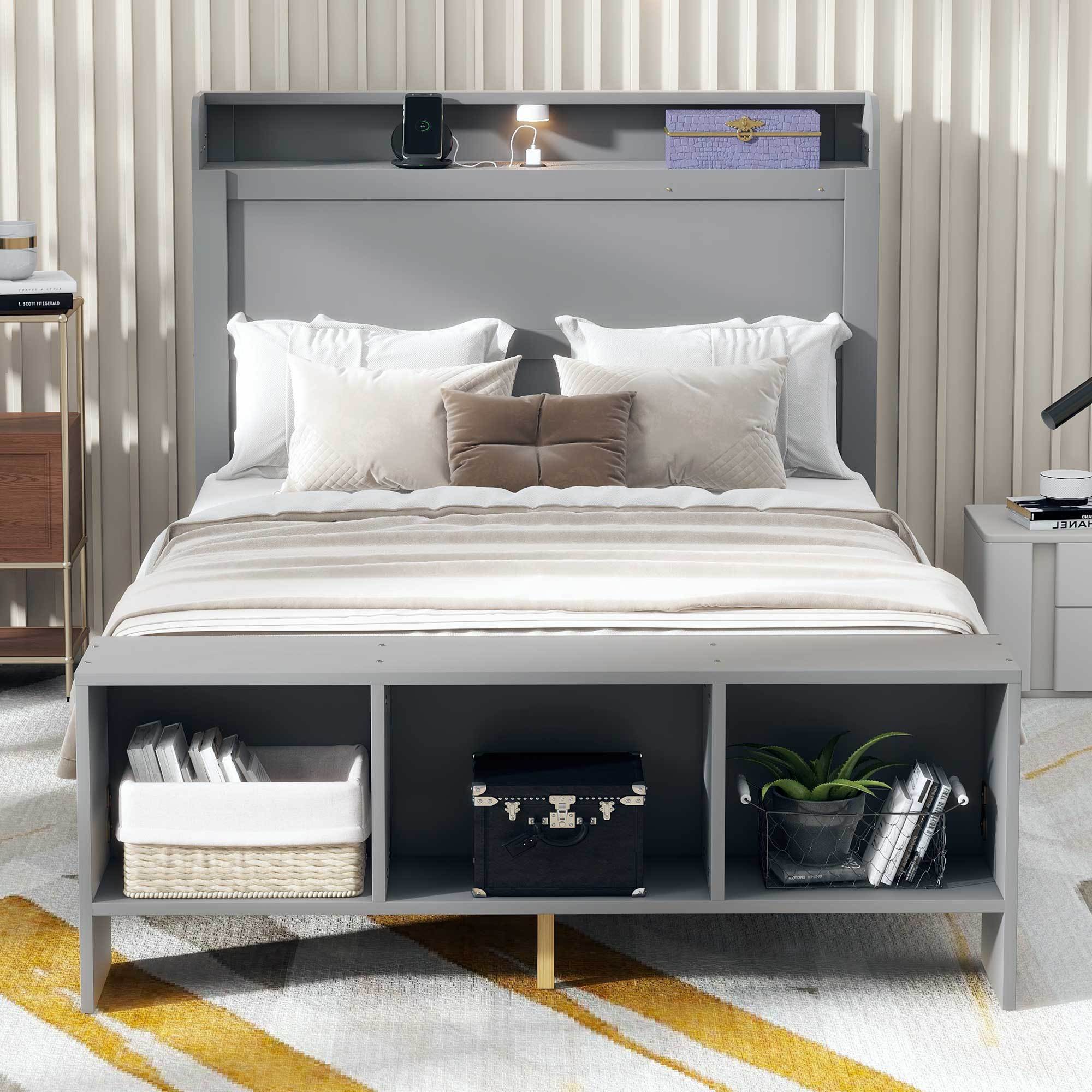 Full Size Platform Bed with built-in shelves, LED Light and USB ports, Gray