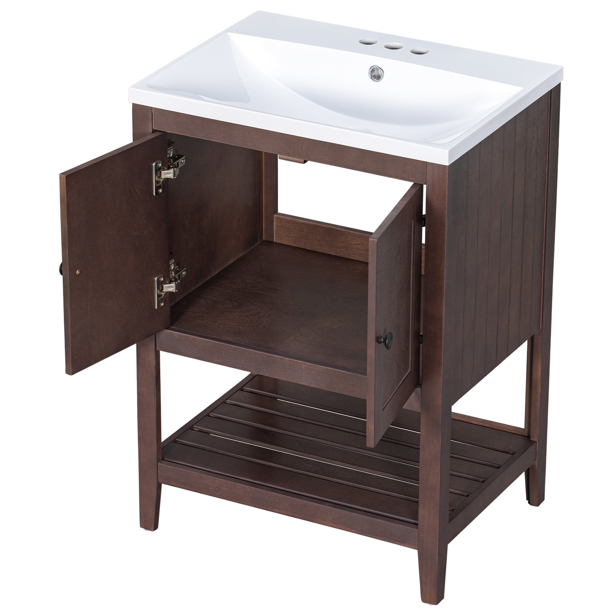 [VIDEO] 24" Brown Modern Sleek Bathroom Vanity Elegant Ceramic Sink with Solid Wood Frame Open Style Shelf (OLD SKU: JL000004AAD)