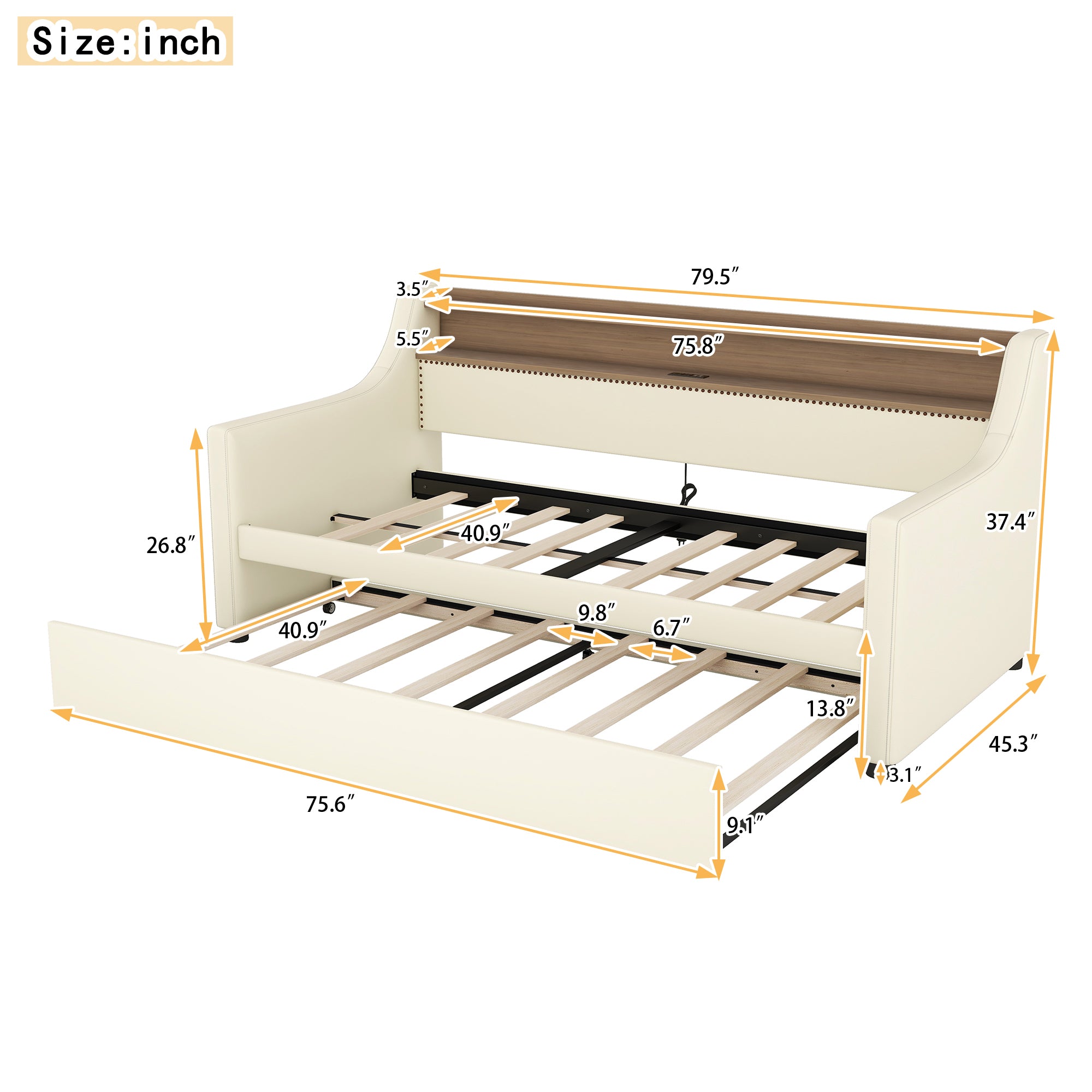 Twin Size Daybed with Trundle, Upholstered Daybed with Charging Station and LED Lights, White (Expect arrive date:May 20th. )