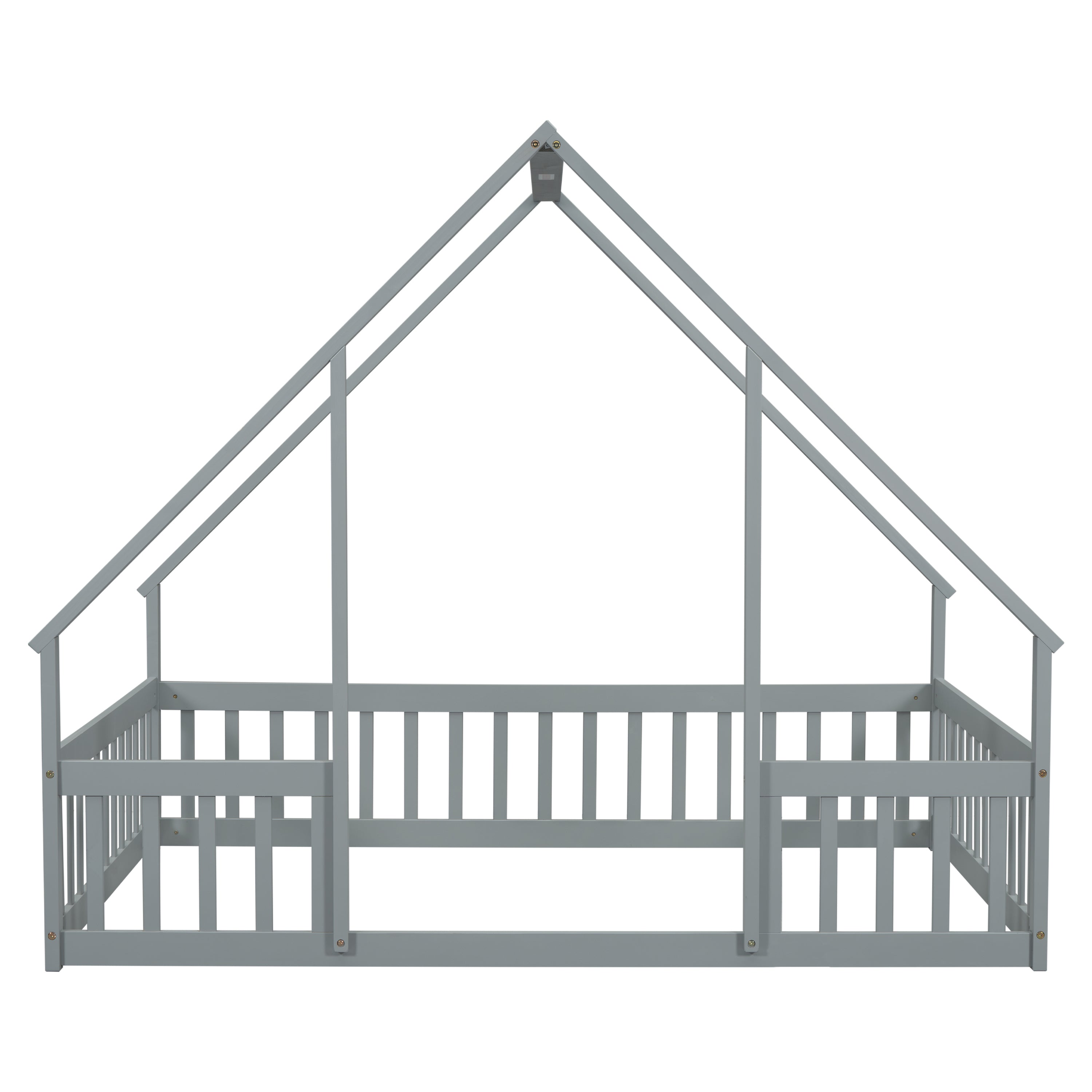 Full Wood House-Shaped Floor Bed with Fence, Guardrails,Grey