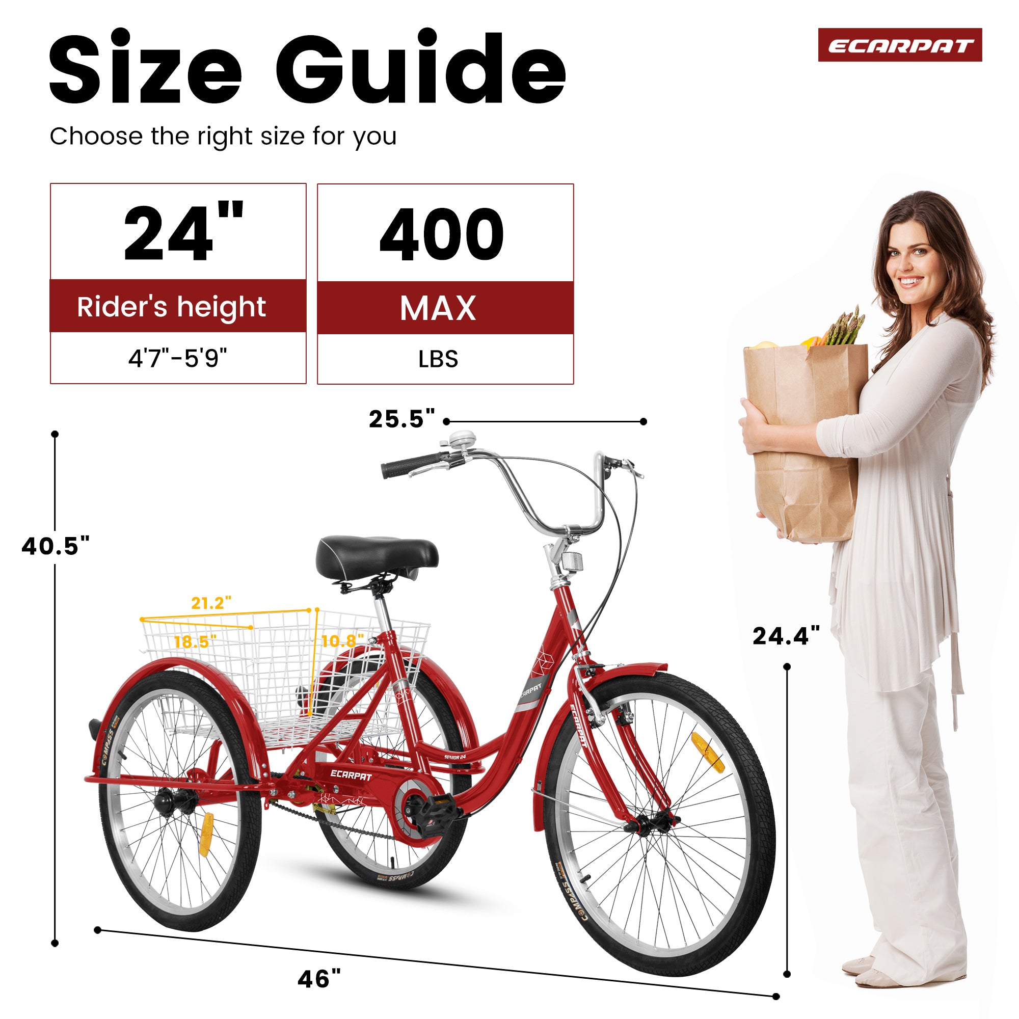 A24631 Adult Tricycles, 1 Speed Adult Trikes 24 inch 3 Wheel Bikes, Three-Wheeled Bicycles Cruise Trike with Shopping Basket for Seniors, Women, Men