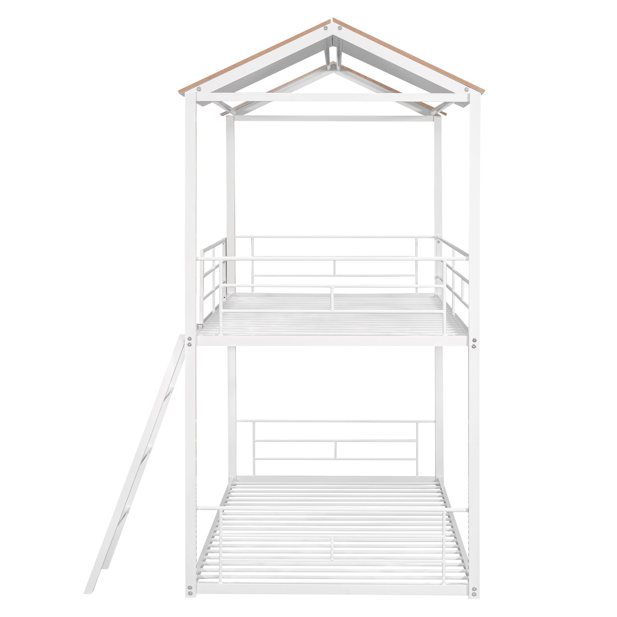 Twin Over Twin Bunk Bed Metal Bed with Half Roof, Guardrail and Ladder White