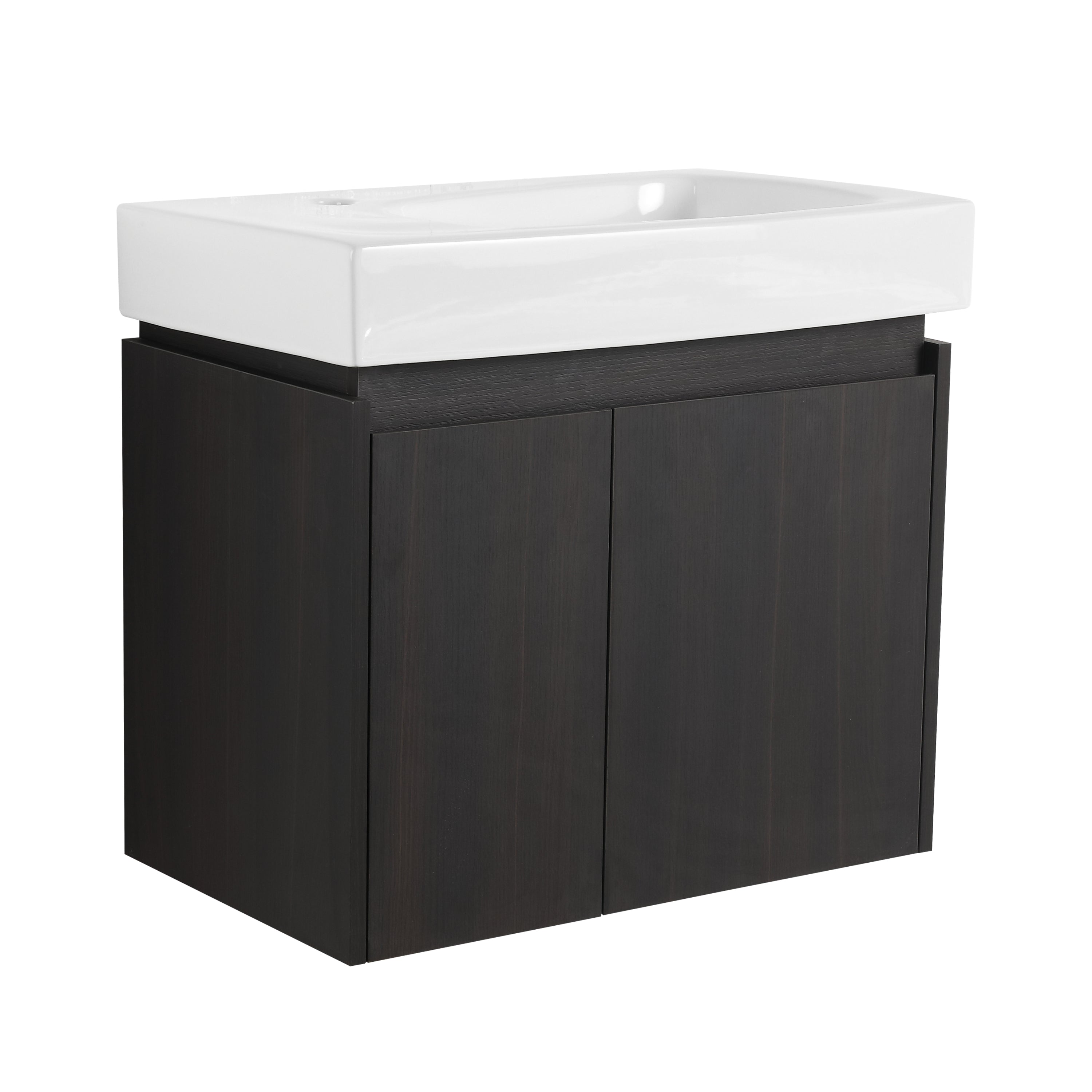 24 Inch Bathroom Vanity with Ceramic Basin, Wall Mounted Floating Vanity Sink Combo, Wooden Storage Cabinet with Double Doors for Bathroom,Black