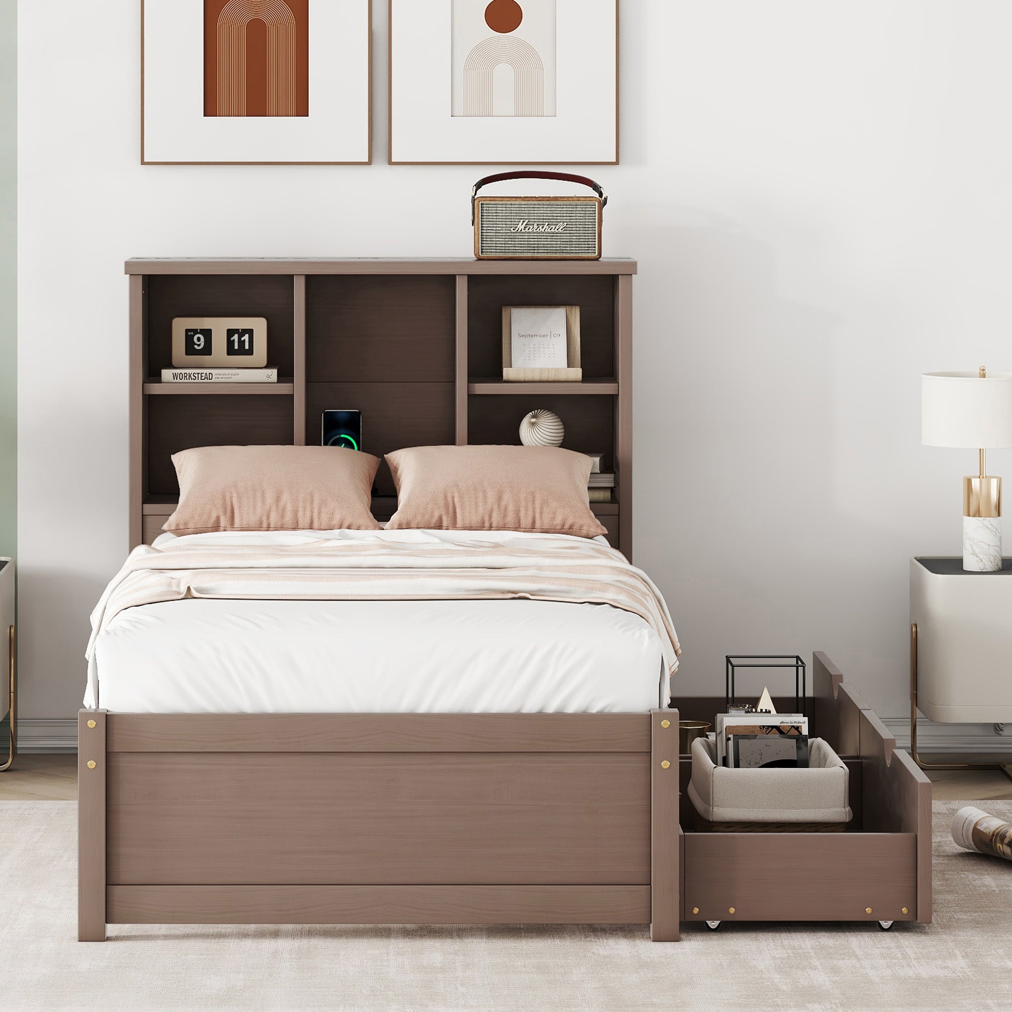 Modern Twin Size Bed Frame With Built-in USB Port on Bookcase Headboard and 2 Drawers for Walnut Color