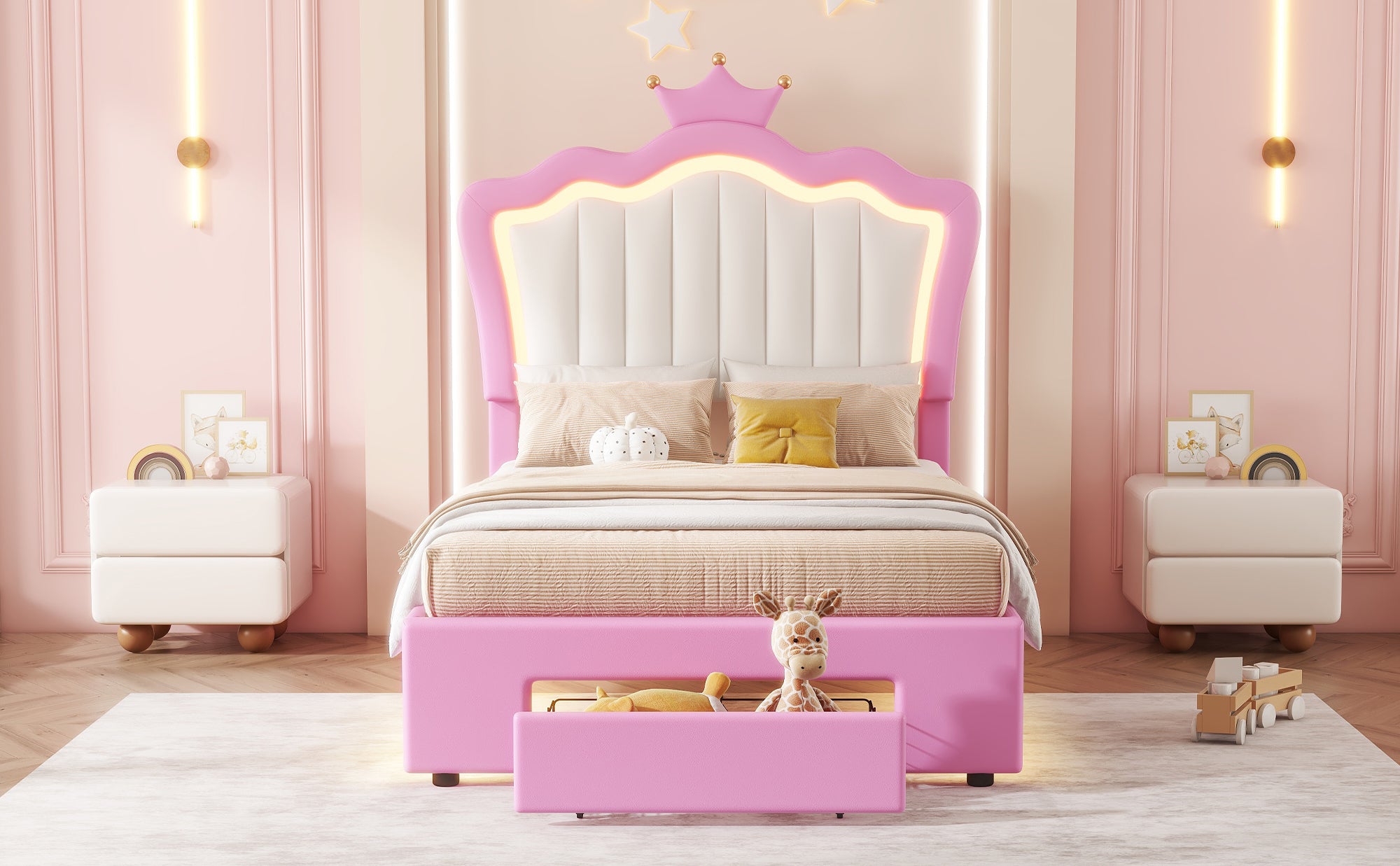 Twin Size Upholstered Bed Frame with LED Lights, Modern Upholstered Princess Bed with Crown Headboard, a Drawer, Pink+White