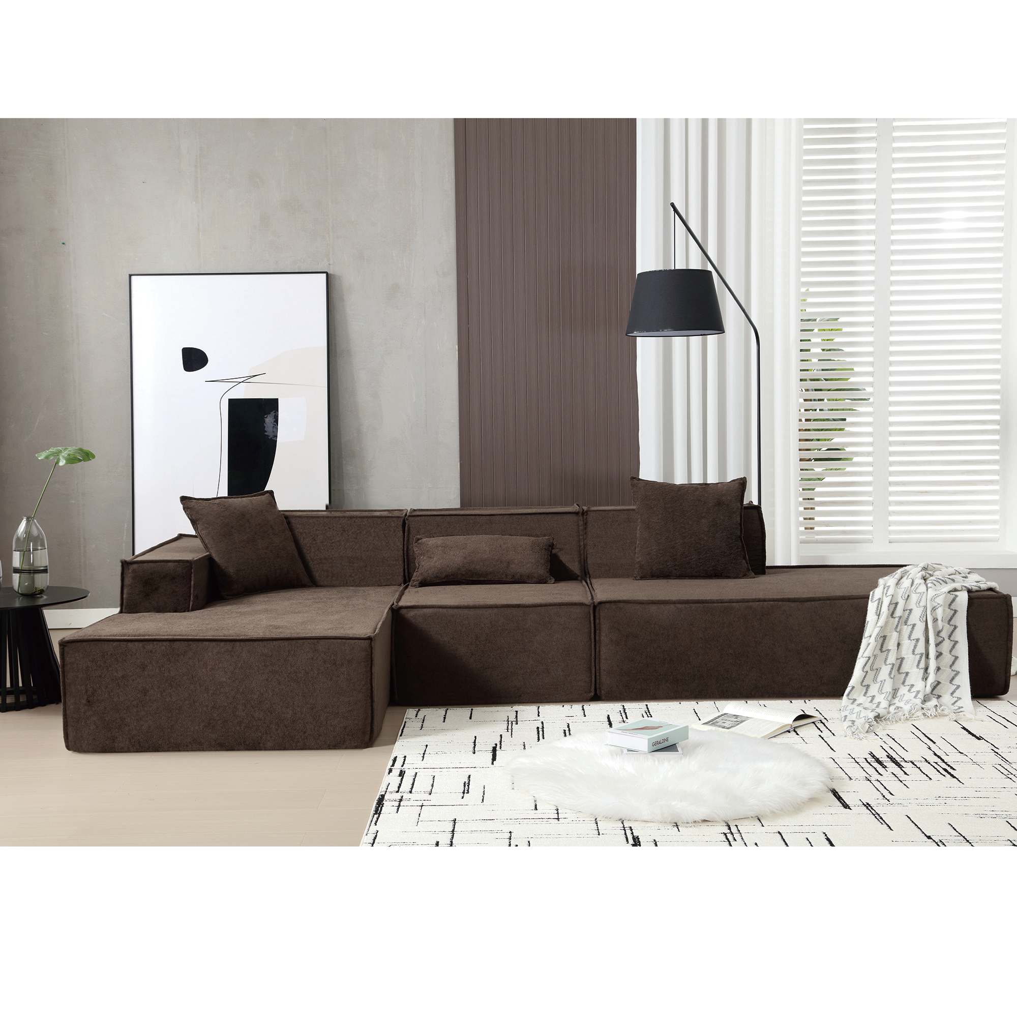 [VIDEO PROVIDED] Modular combination living room sofa set, modern minimalist sofa, free installation sofa, L-shaped, Italian minimalist tofu block sofa, Left-Hand Facing,Terrycloth fabric,Dark brown