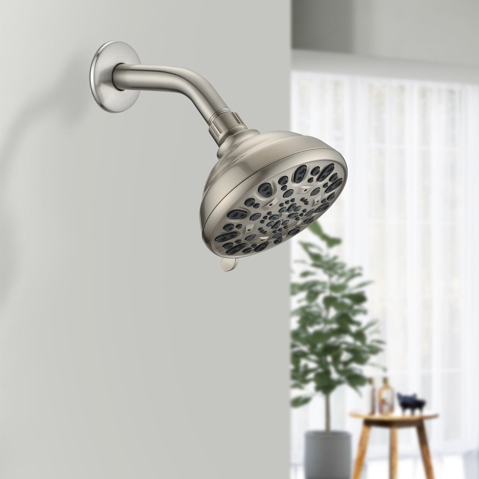 Brushed nickel high pressure 6-setting 4" shower head - Angle adjustable, clog-proof shower head