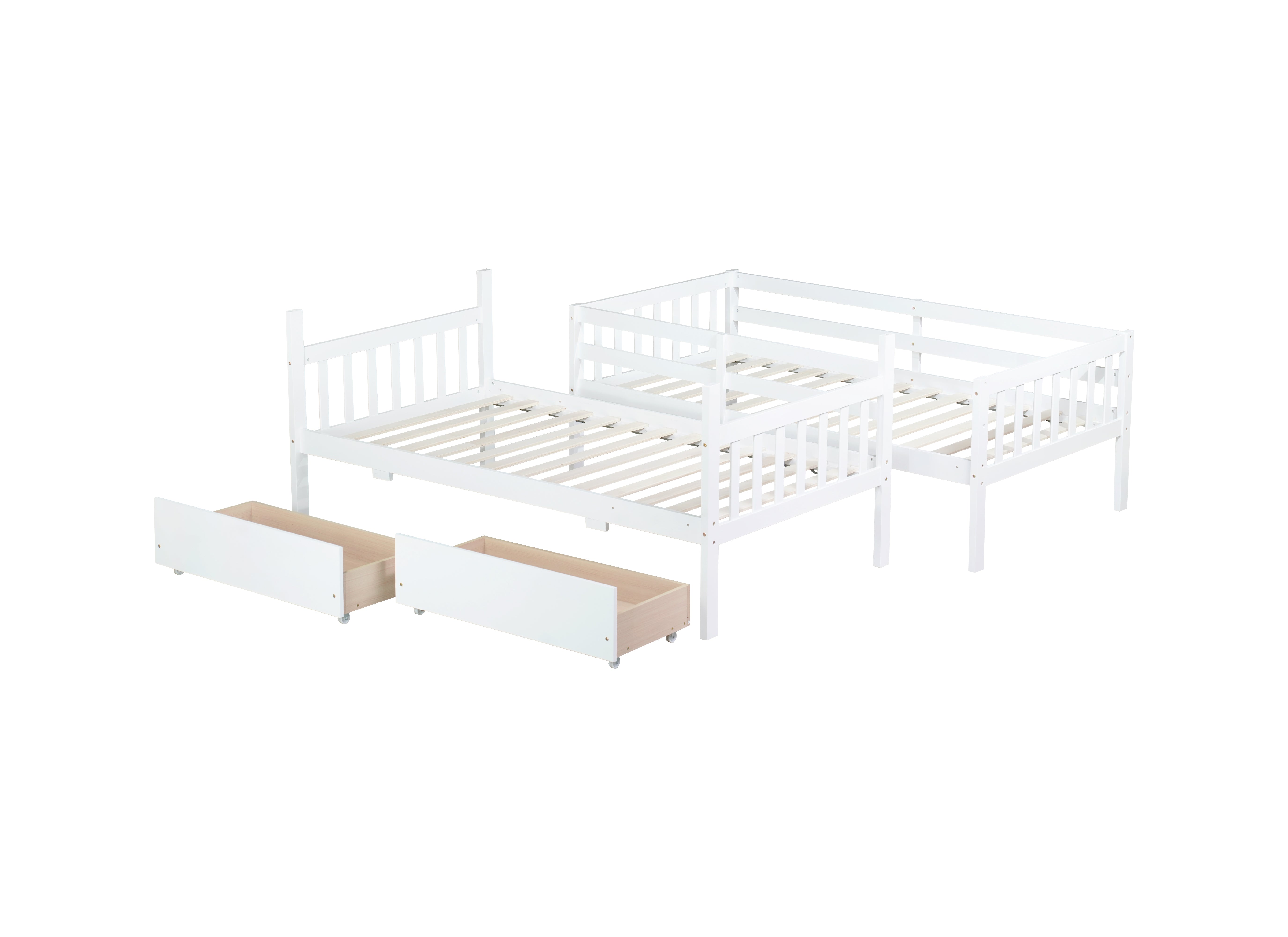 White bunk bed with two under-bed storage drawers