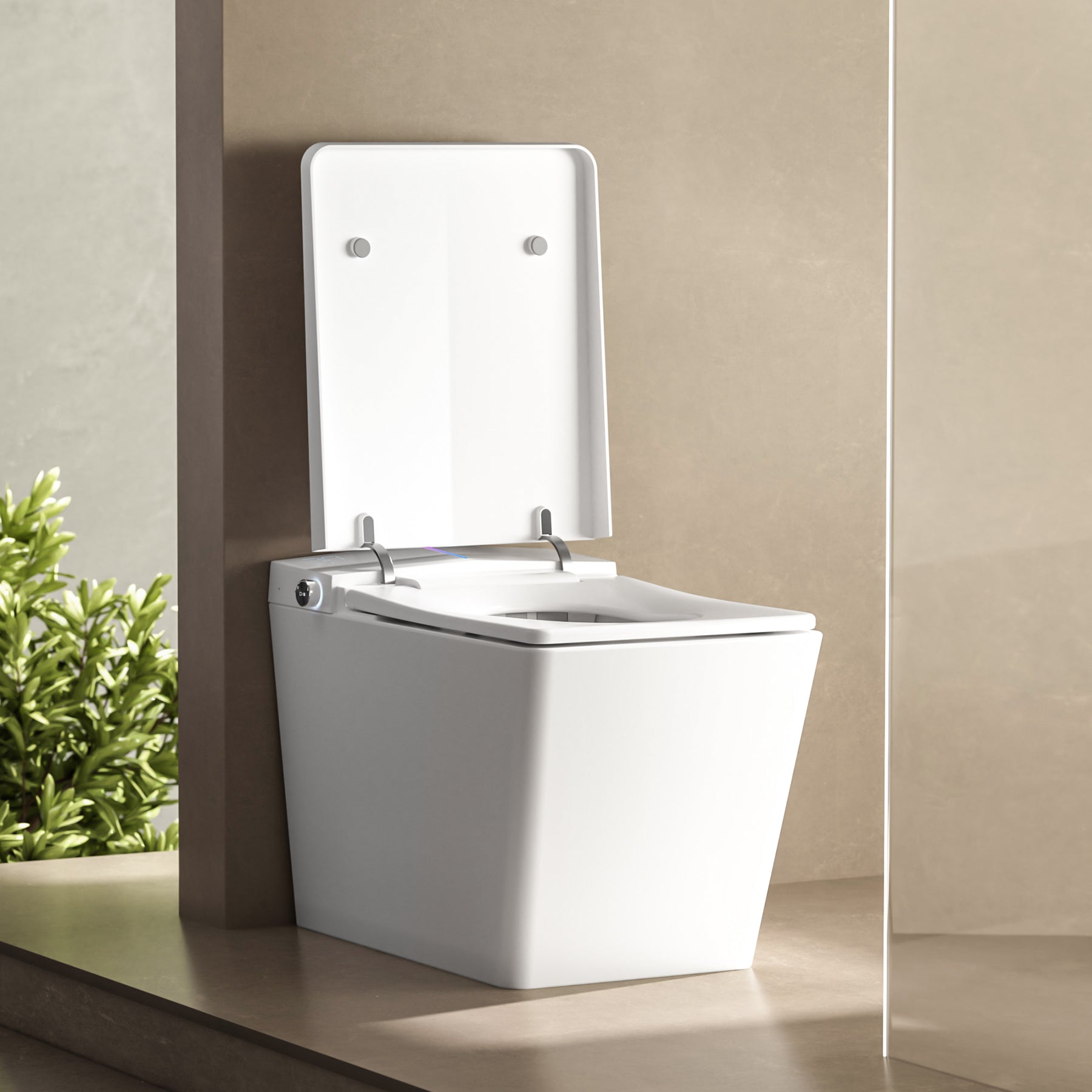 Square Smart Toilet with Built-in Tank for Modern Bathroom, Remote Control, Tankless Bidet Toilet with Foot Touching Lid Opening, Auto Flush, Heated Seat, LED Digital Display, User Memory, White