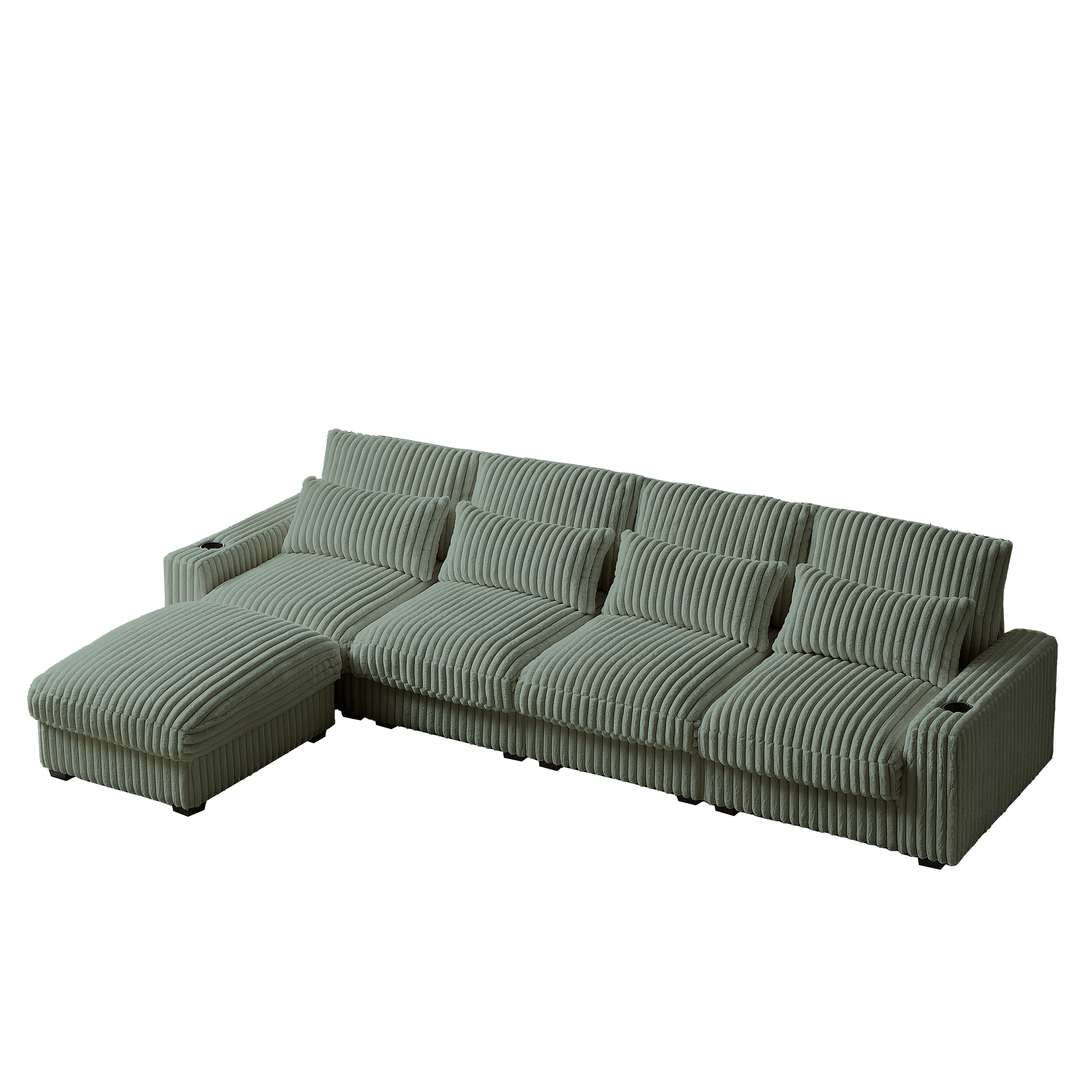 126-inch Corduroy With Cup Holder Super Large L-Shaped Sofa, Movable Footrest, Four Waist Pillows And Four Back Cushion, With USB Port And Type-C Port