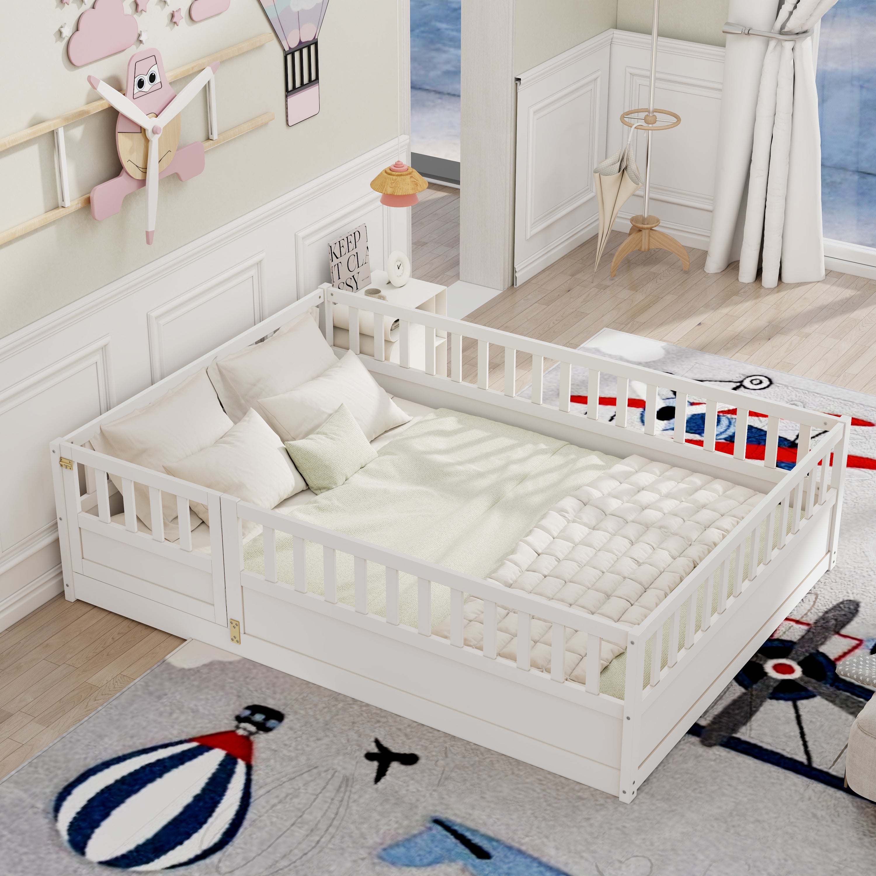 Full size  Floor bed, integral construction with super high security barrier, door, children's floor bed frame, Montessori wooden children's floor bed, Support slat white