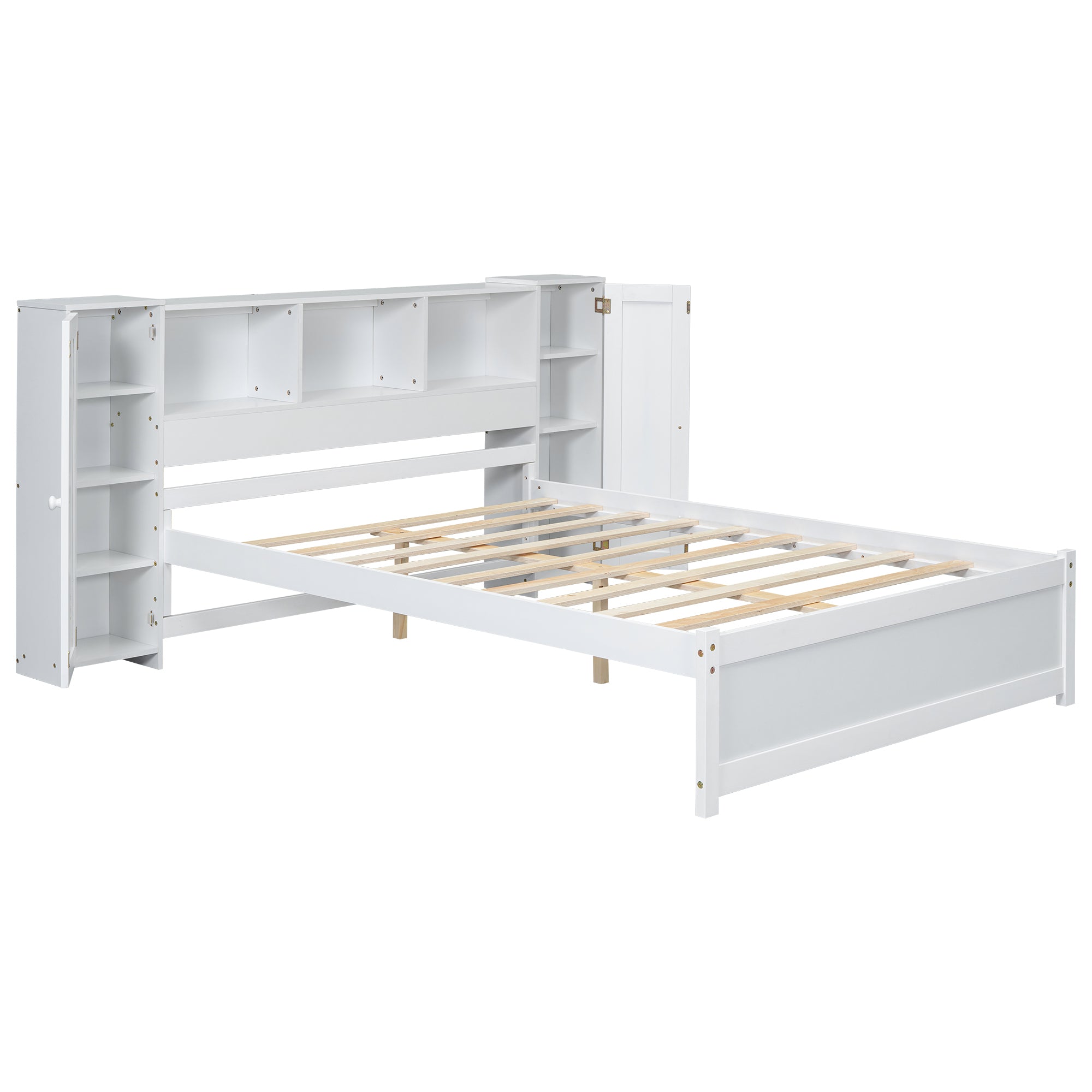 Full Size Platform Bed with Storage Headboard and Lockers, White