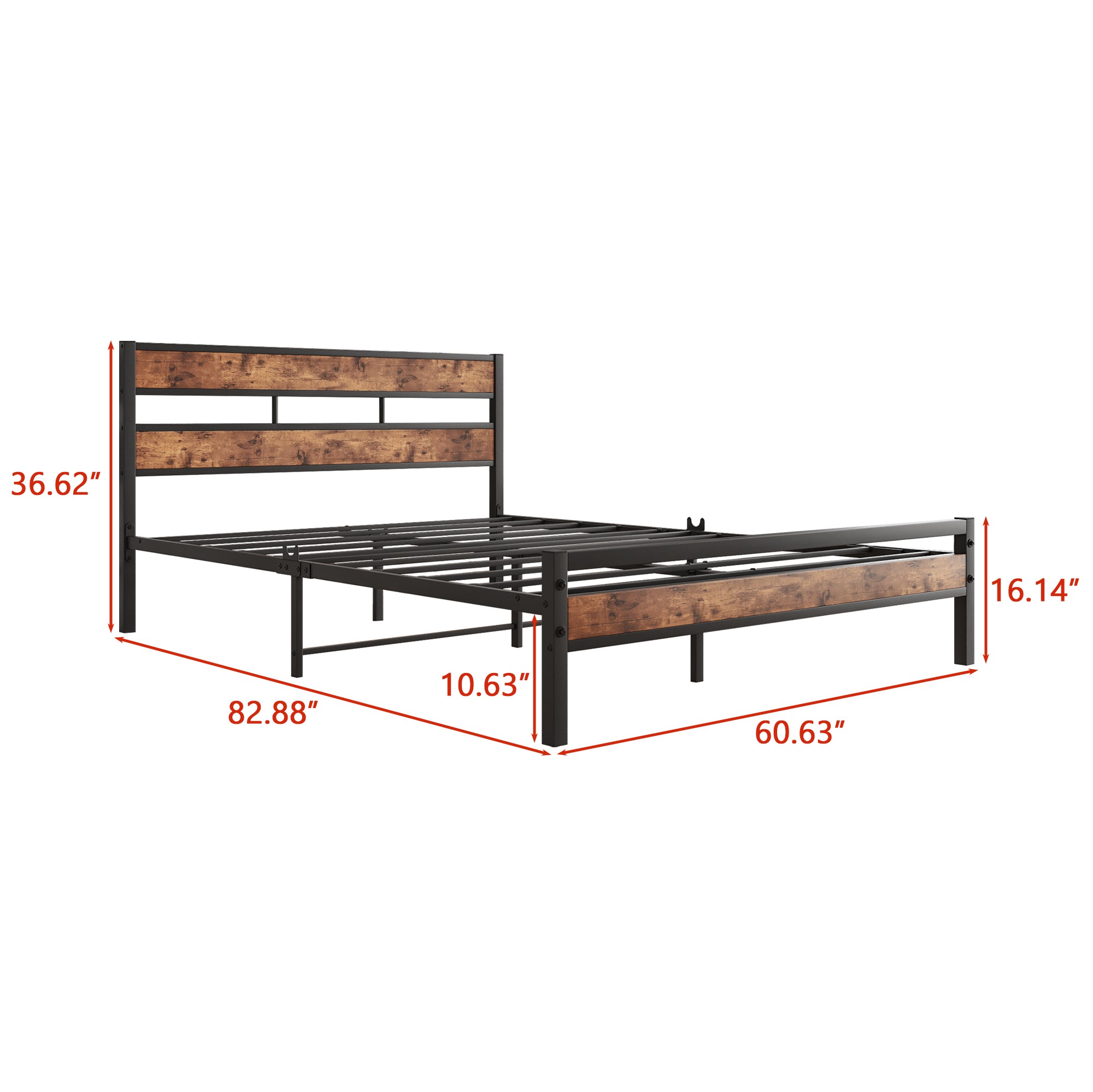 Queen Size Platform Bed Frame with Rustic Vintage Wood Headboard, Strong Metal Slats Support, No Box Spring Needed