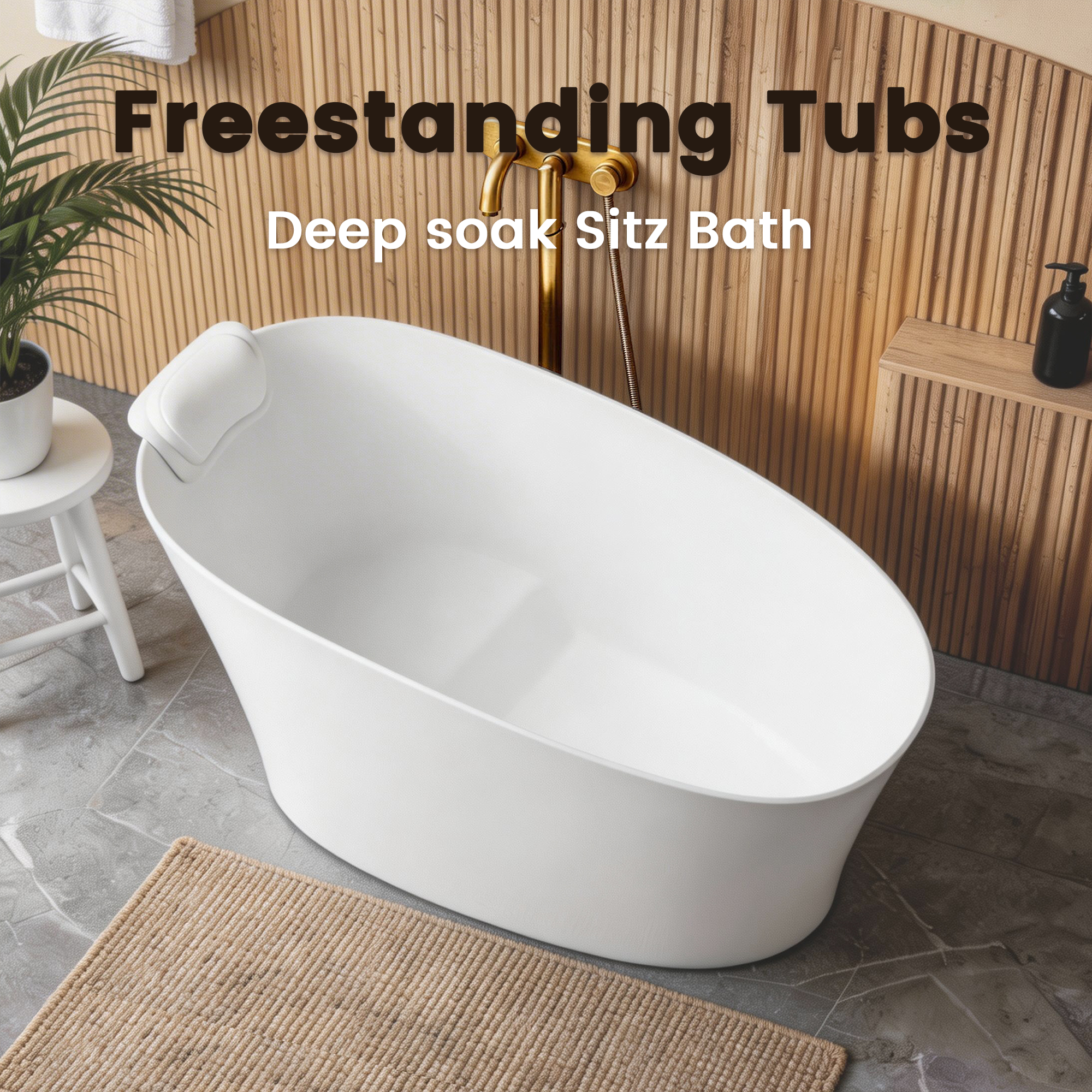 Oval solid surface glossy white freestanding bathtub, side profile
